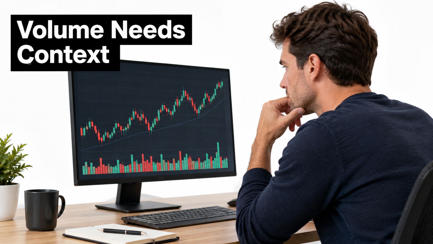 A focused man looking at a stock market chart displayed on his computer screen in an office.