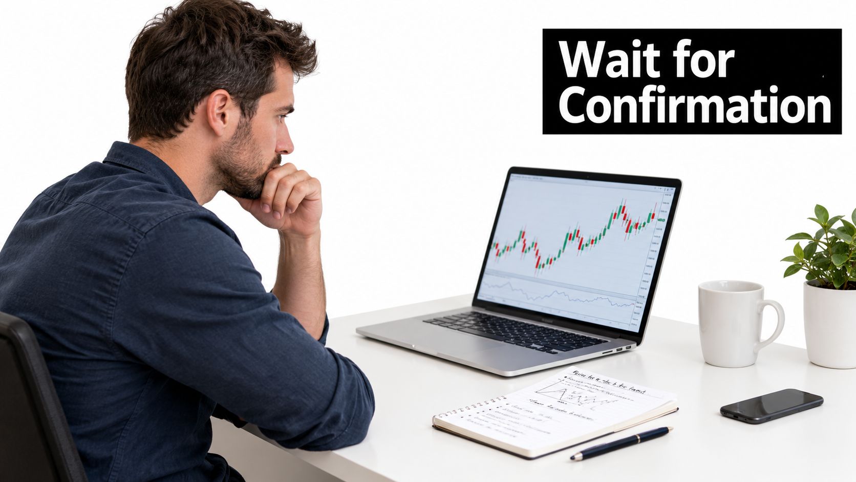 A focused man analyzing financial charts on his laptop screen while sitting at his desk.
