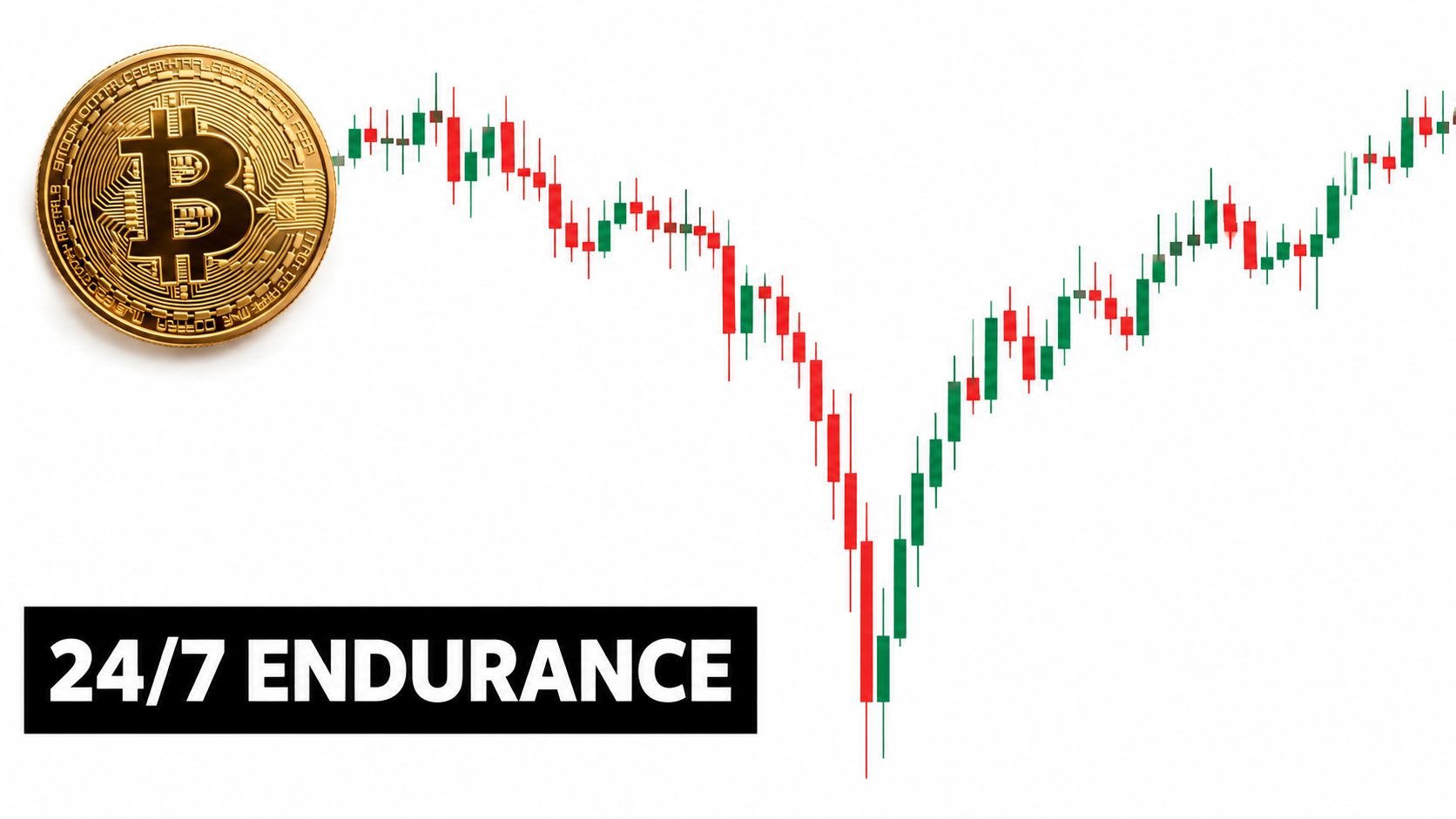 A golden Bitcoin coin next to a volatile stock market candlestick chart showing a sharp market recovery.