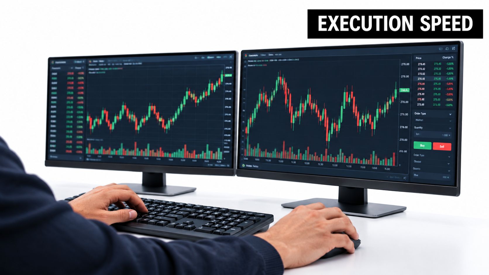 A trader analyzing complex stock market candlestick charts on two computer monitors for financial trading.