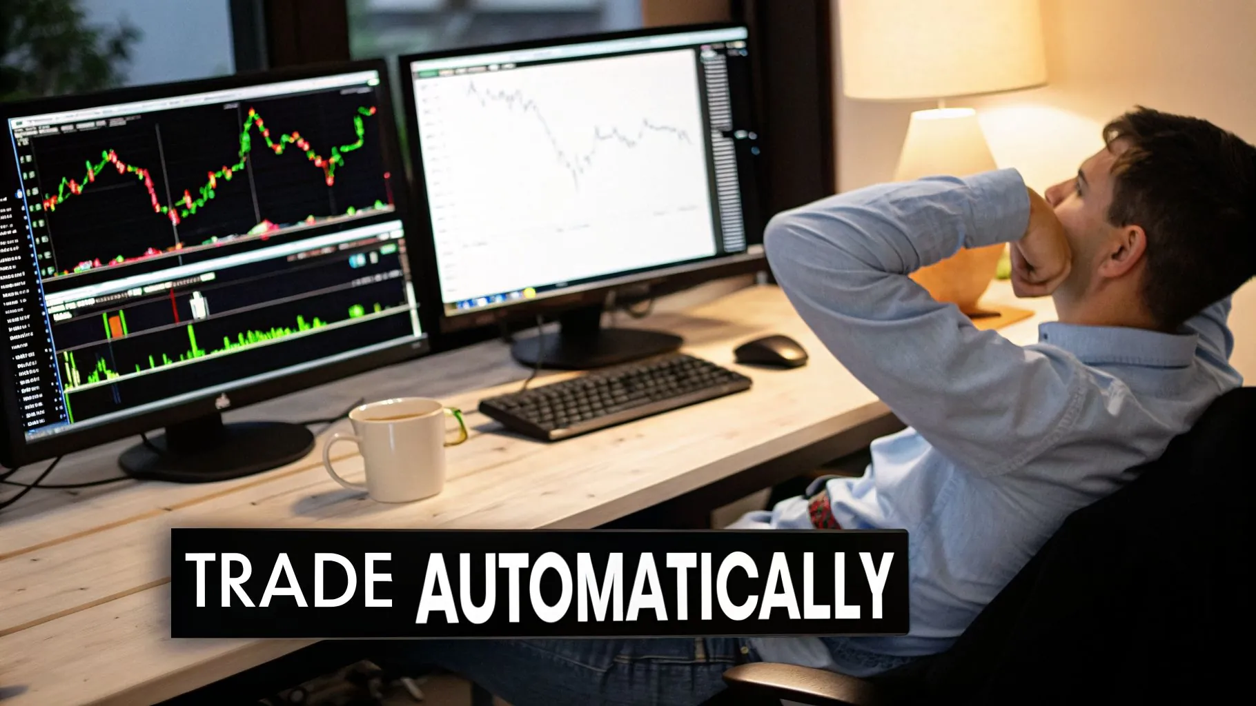 A man relaxing at a desk with dual monitors displaying financial charts and 'TRADE AUTOMATICALLY' text.