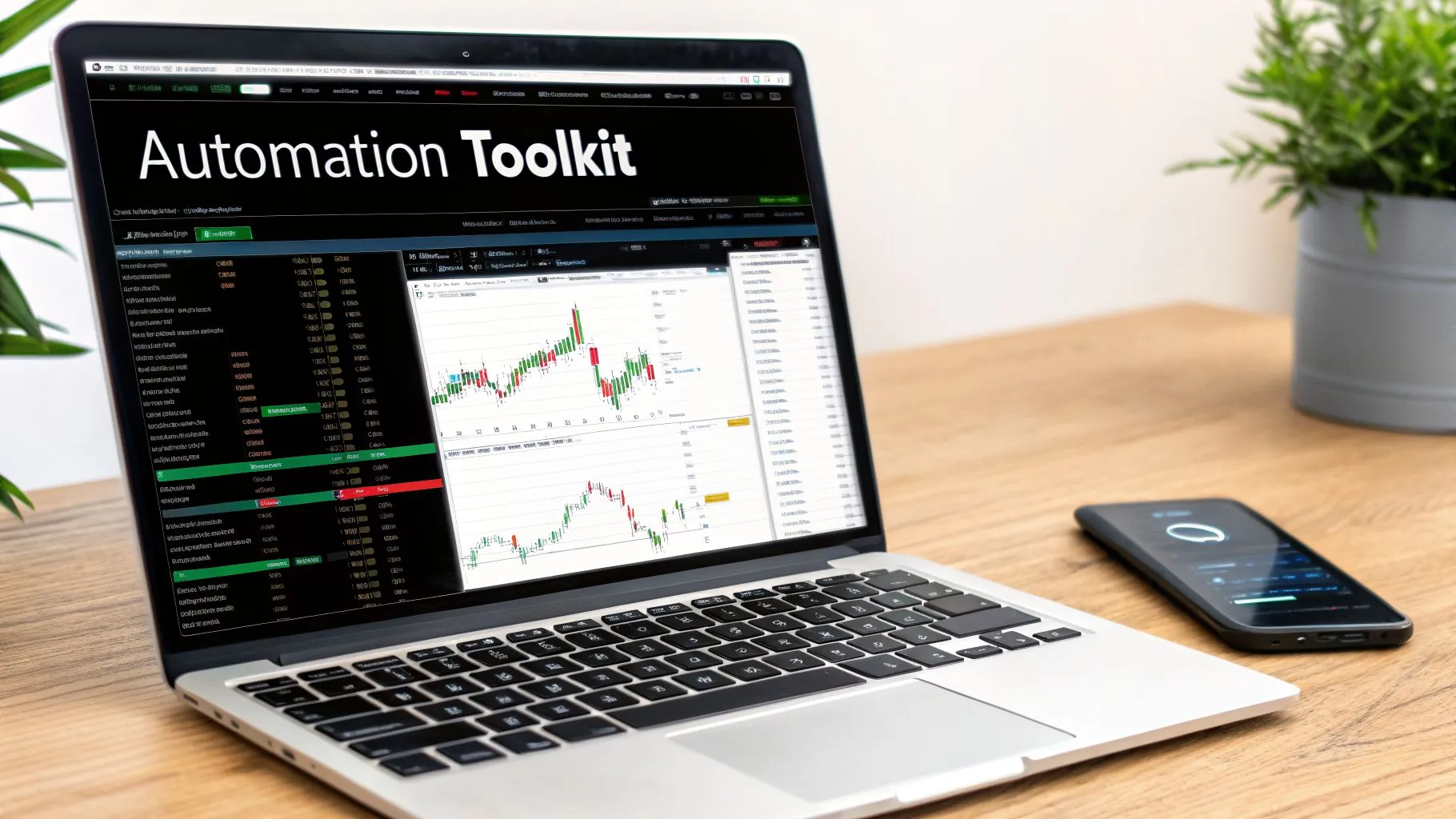 A laptop on a wooden desk displays a financial trading platform titled 'Automation Toolkit' with candlestick charts.