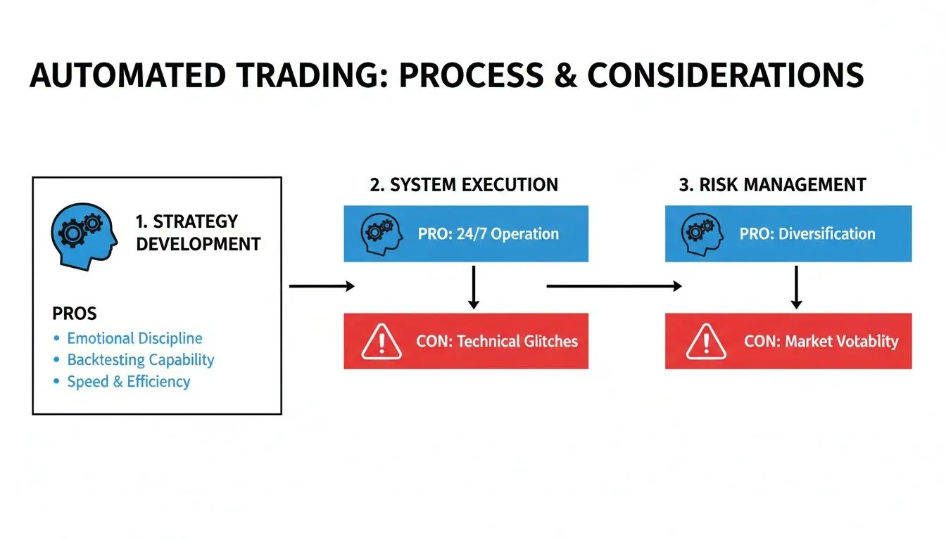 Flowchart outlining the automated trading process, highlighting strategy development, system execution, risk management, and associated pros and cons.