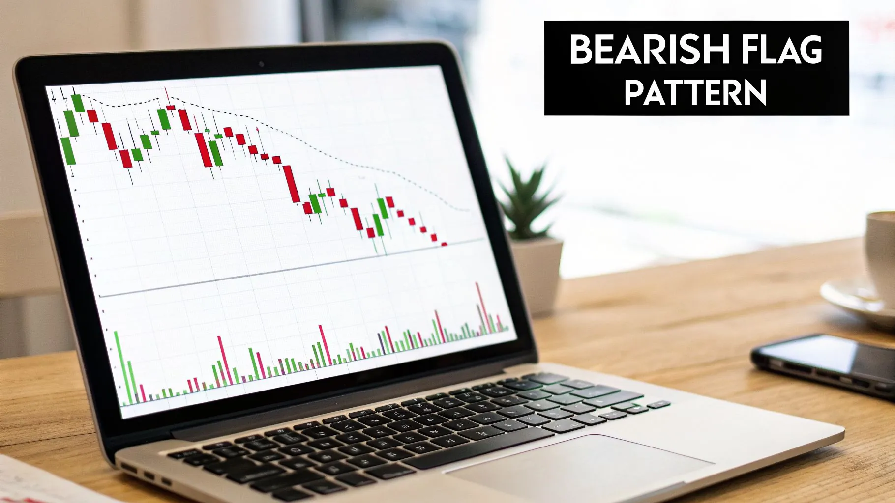 A laptop screen displays a financial chart showing a bearish flag pattern with red and green candlesticks.