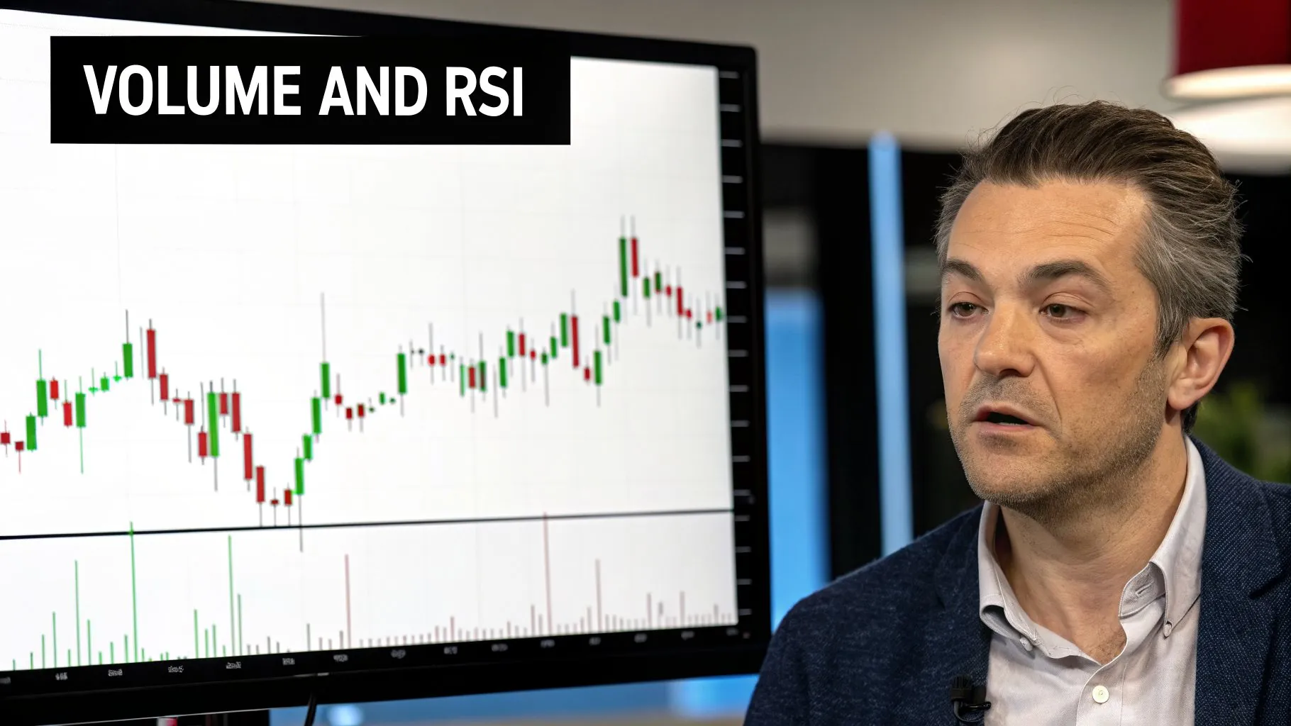 A man discusses a stock chart on a monitor displaying volume and RSI indicators.