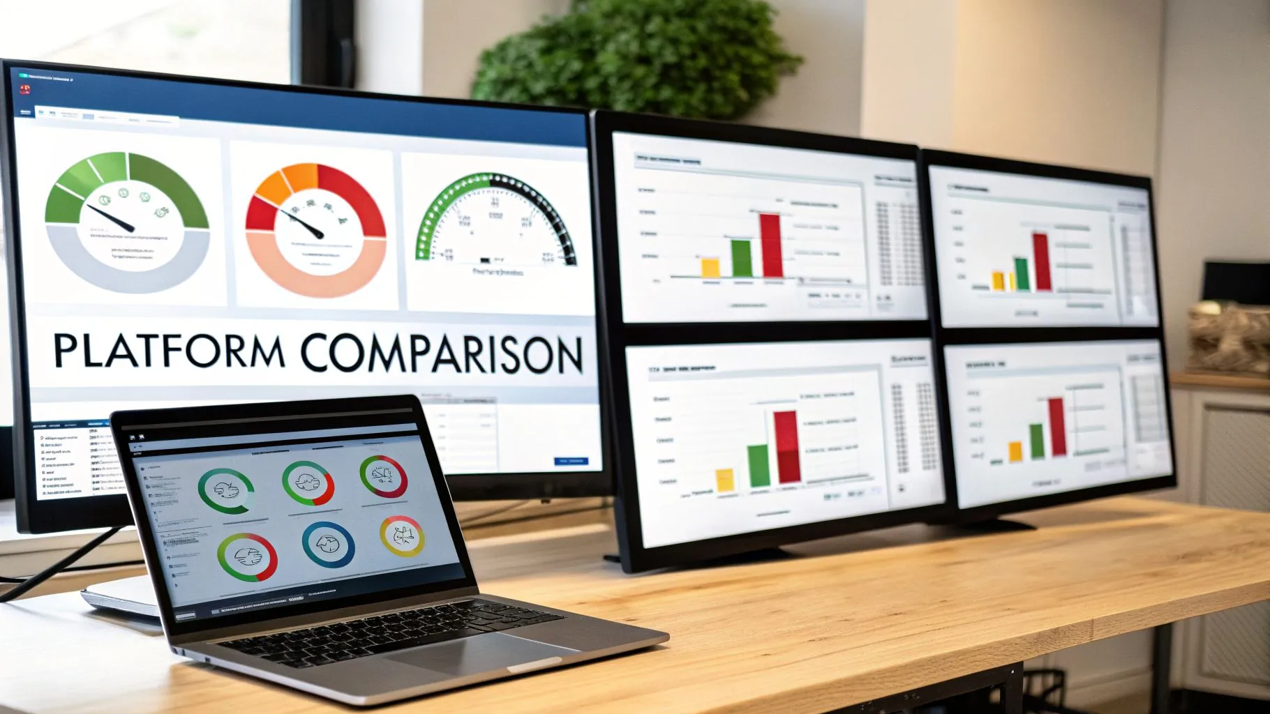 A professional desk setup with multiple monitors and a laptop displaying financial data dashboards and platform comparisons.
