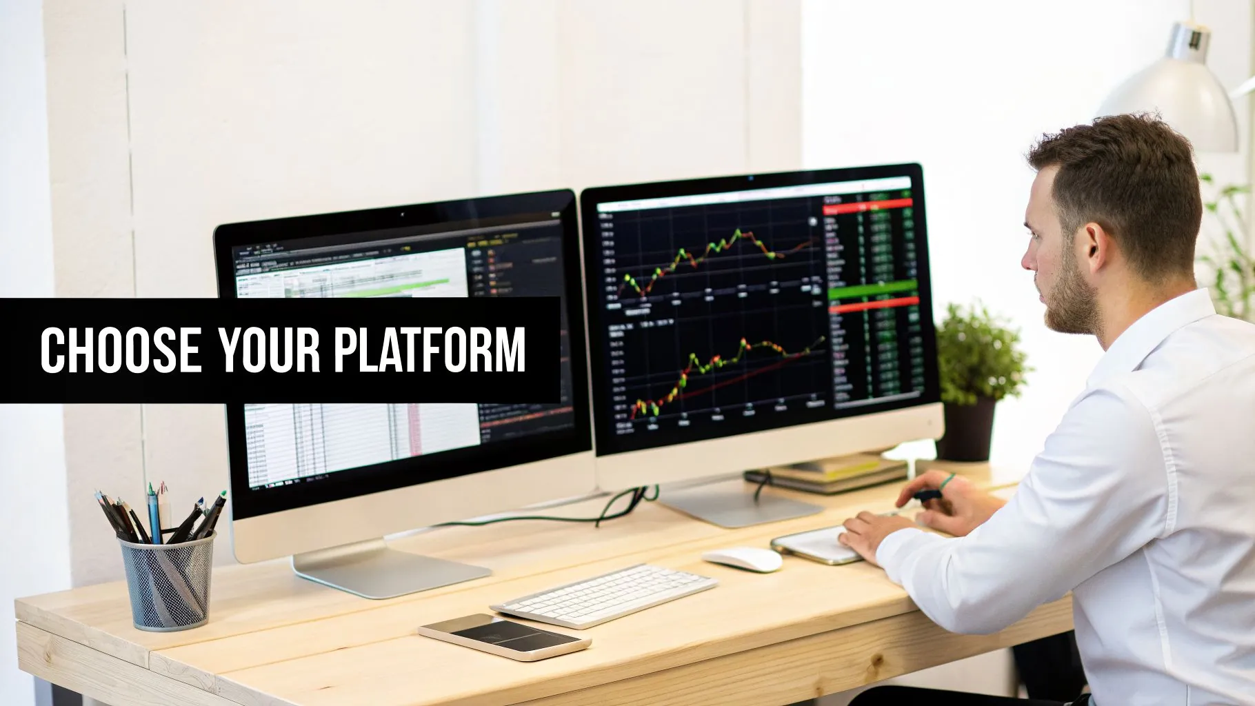 A man works at a desk with two monitors displaying financial trading charts and data.