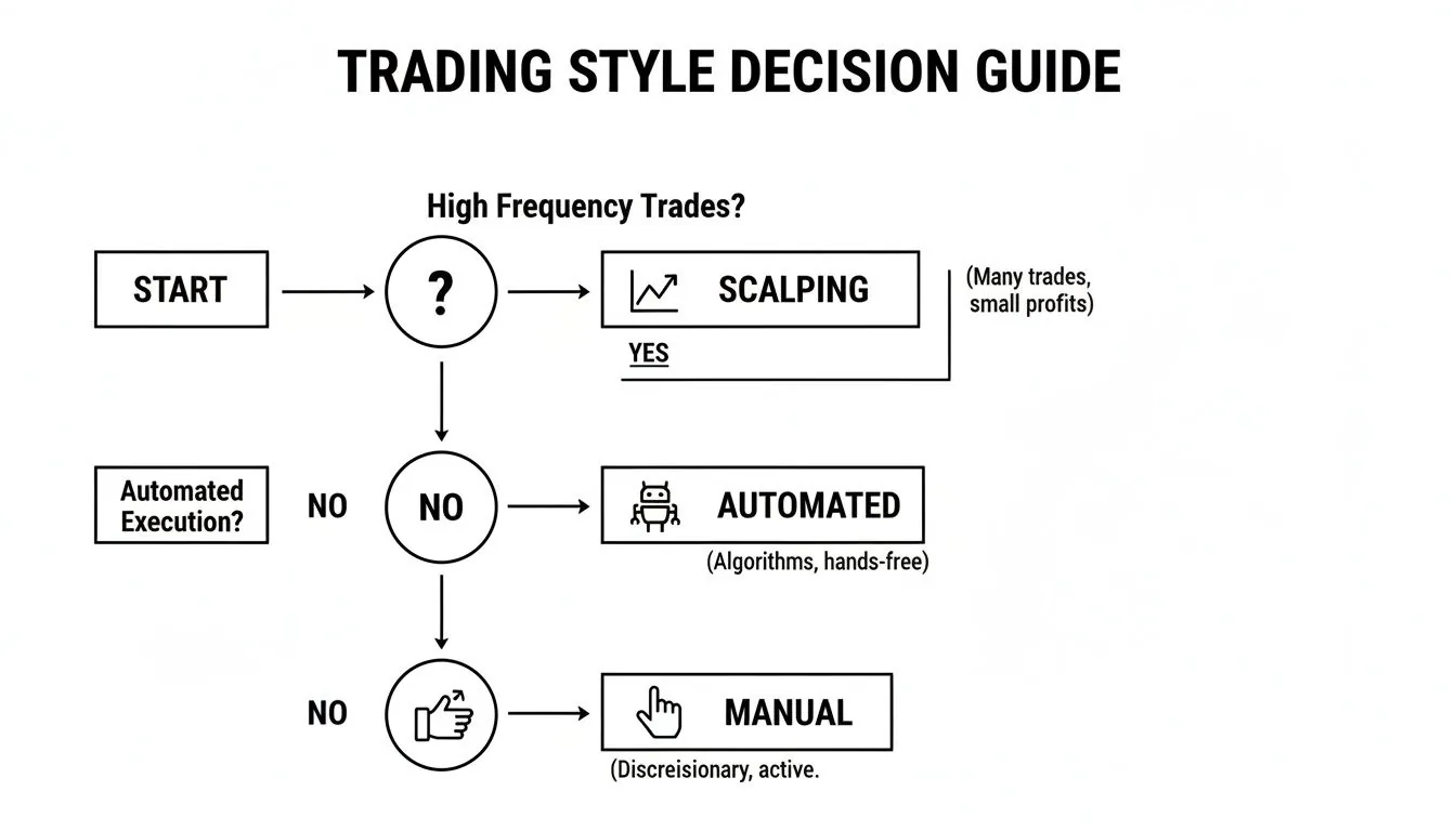 A flowchart decision guide for trading styles, leading to scalping, automated, or manual trading.