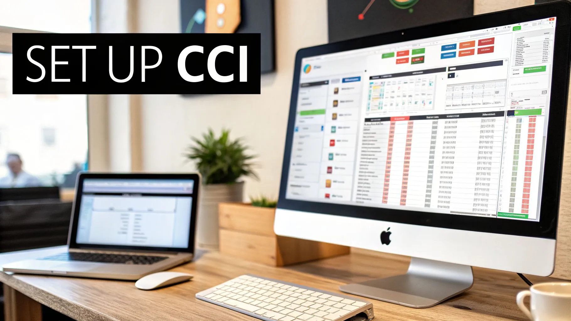 A modern desk with an iMac and MacBook showing data, featuring a 'SET UP CCI' text overlay.
