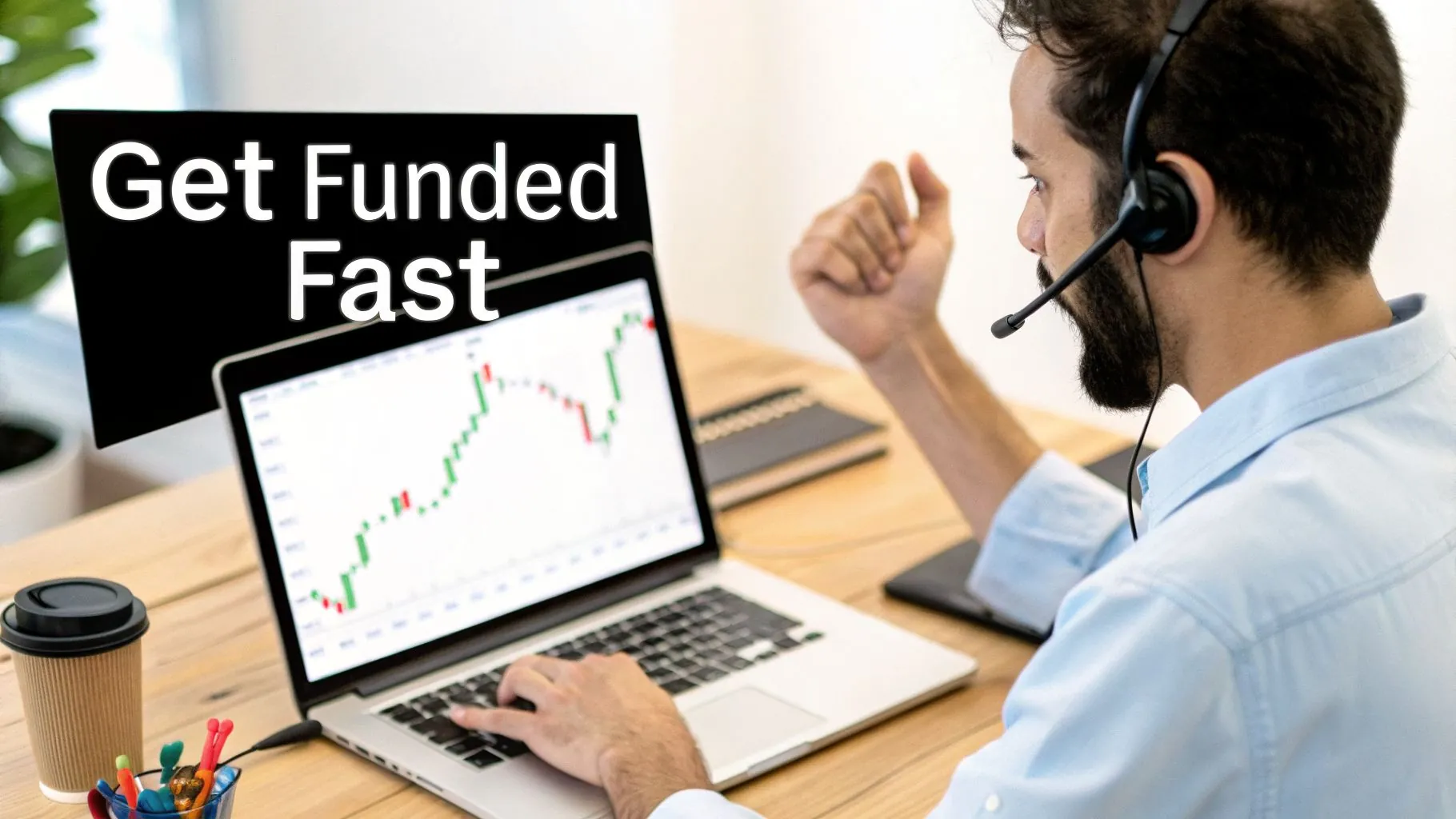 Man in a headset trading on a laptop with charts, with a 'Get Funded Fast' screen in the background.