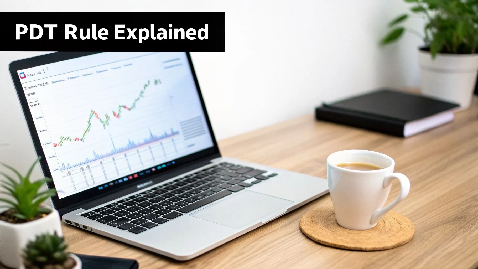 A laptop displaying stock charts, a white coffee mug, and potted plants on a wooden desk.
