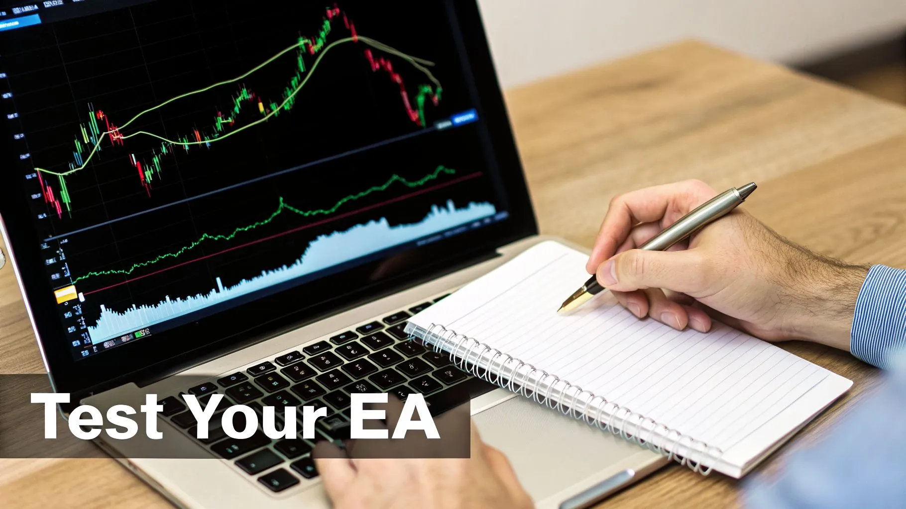 A person writing in a notebook next to a laptop displaying currency trading charts and the text "Test Your EA".