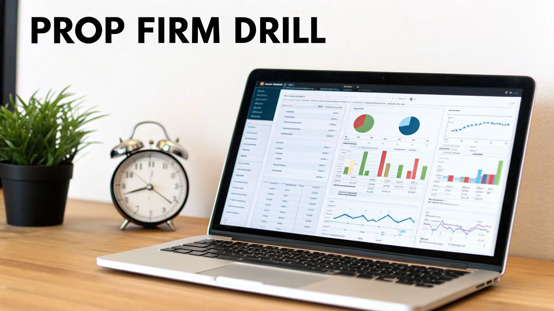 A laptop on a wooden desk displays financial charts, next to an alarm clock and a plant. Text: PROP FIRM DRILL.