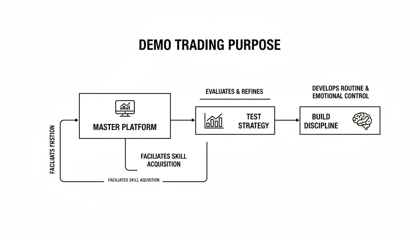 Flowchart illustrating the purpose of demo trading, including master platform, strategy testing, and building discipline.