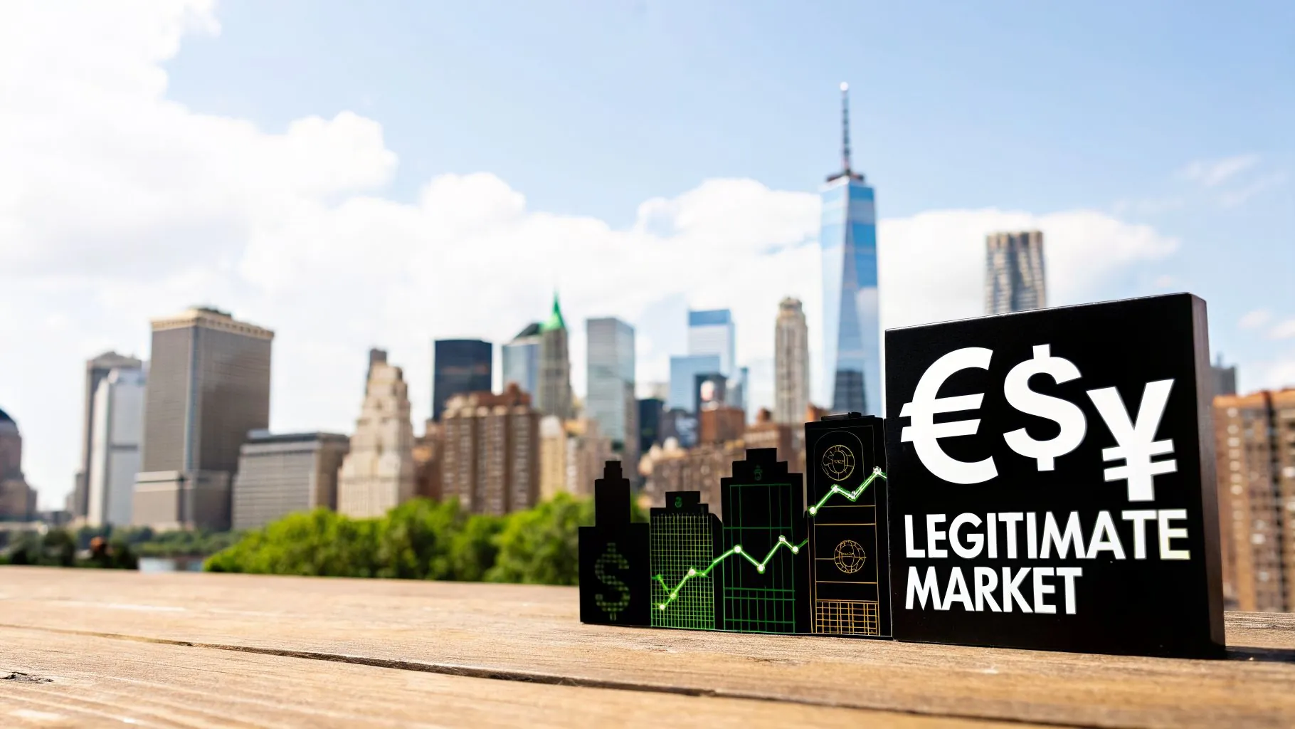 A display of currency symbols and 'LEGITIMATE MARKET' with a growth graph over a city skyline.