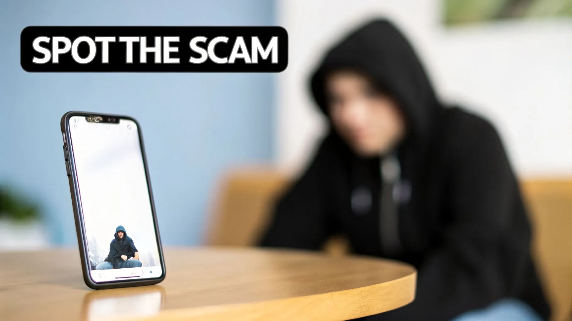A phone displaying a person while a similar person sits blurred behind, with 'SPOT THE SCAM' text.