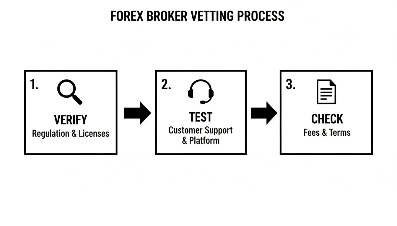 A three-step diagram outlining the Forex broker vetting process for verifying regulations, testing support, and checking fees.