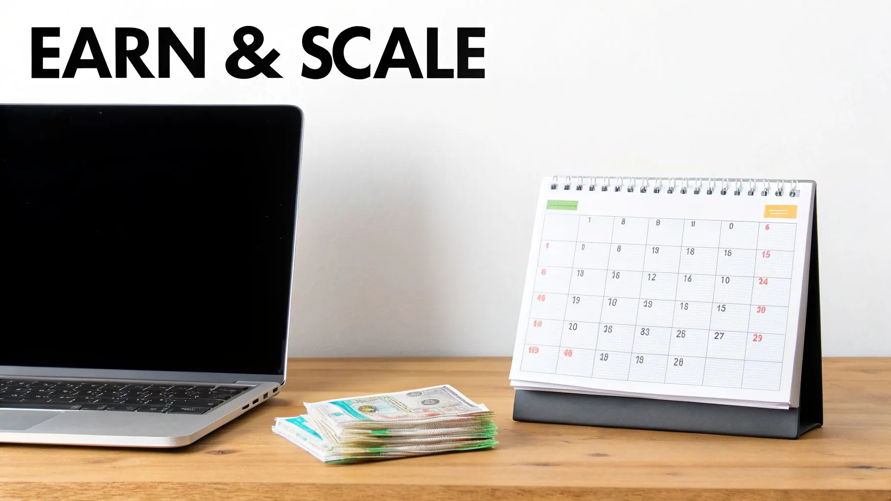 Laptop, money, and calendar on a wooden desk with 'EARN & SCALE' text.