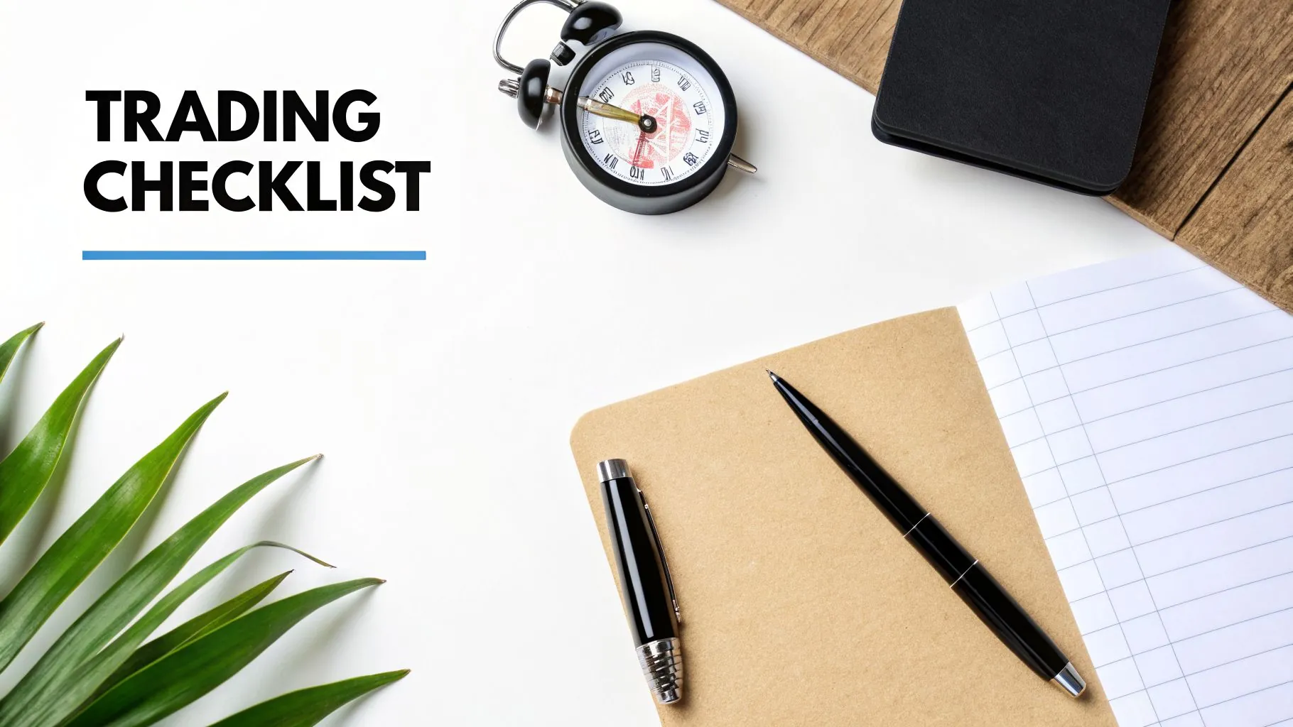 A flat lay image of a white desk with 'TRADING CHECKLIST' text, a compass, and notebooks.