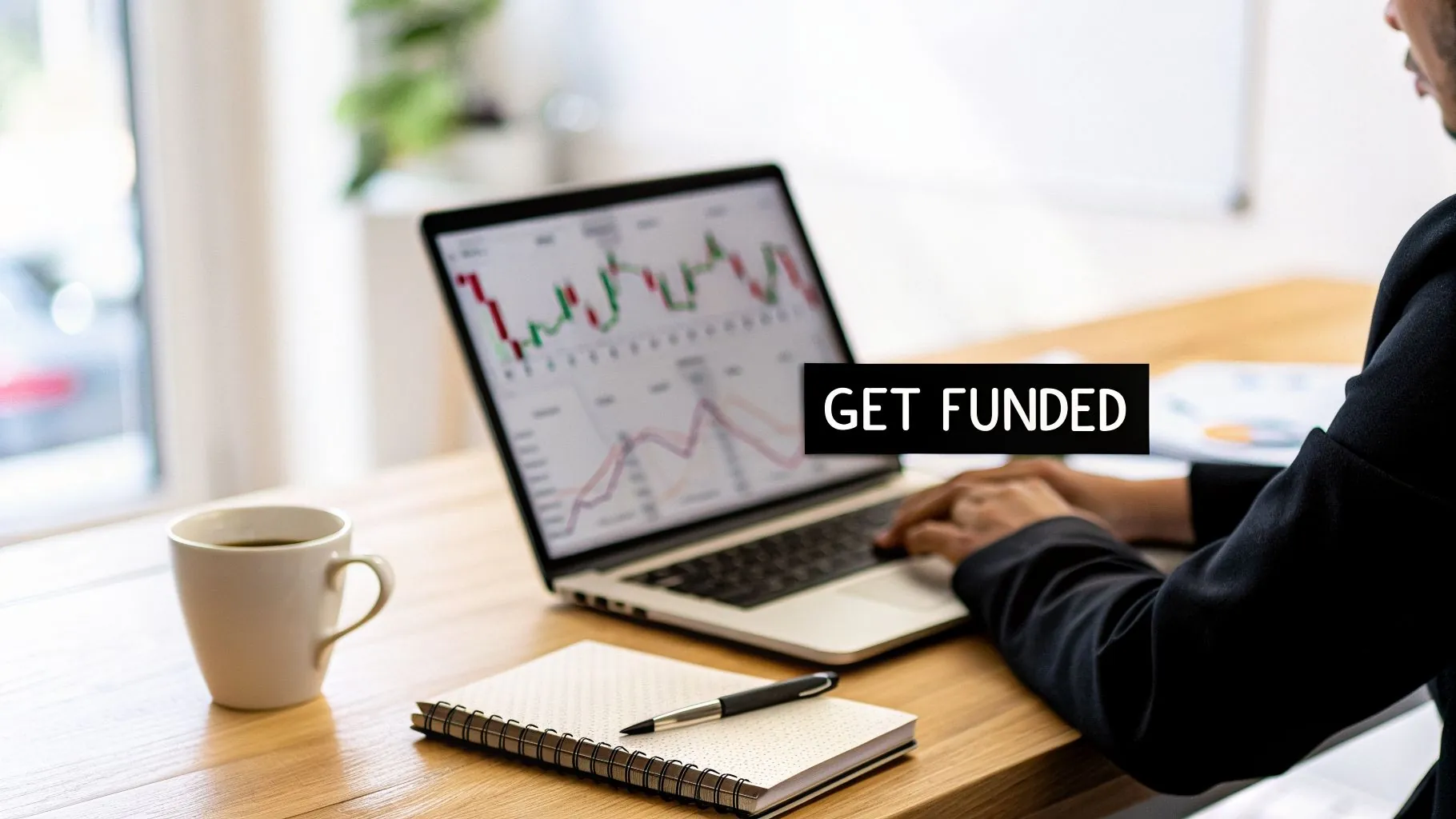 A person analyzing financial charts on a laptop, with a coffee cup and notebook on a wooden desk.