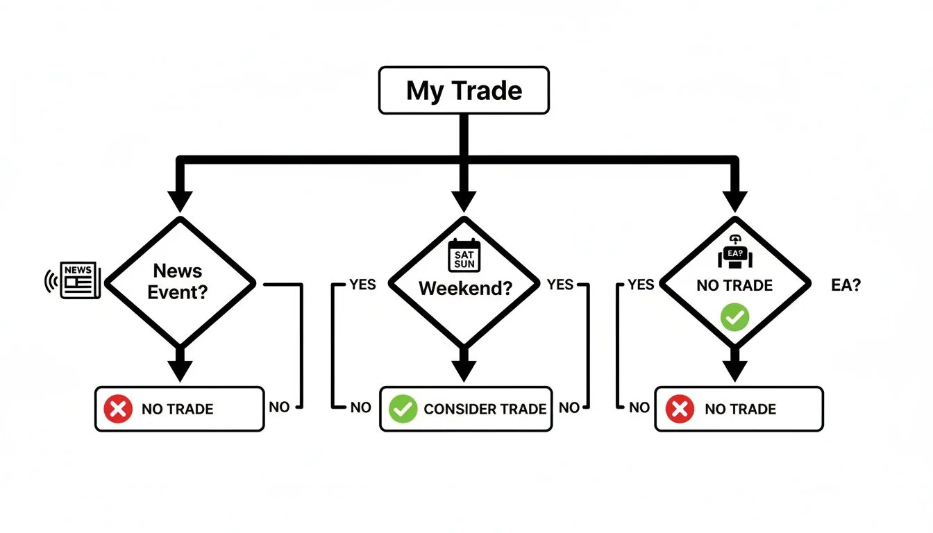 Decision flowchart outlining conditions for 'My Trade': news, weekend, and expert advisor determine trade outcome.