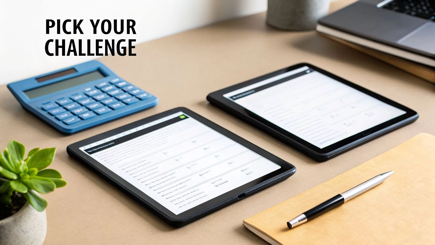 Desk setup featuring a calculator, two tablets, a plant, notebook, and pen, challenging viewers.