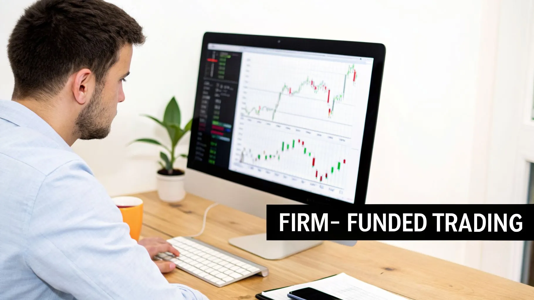 A man observing a computer screen with financial charts and 'FIRM - FUNDED TRADING' text overlay.
