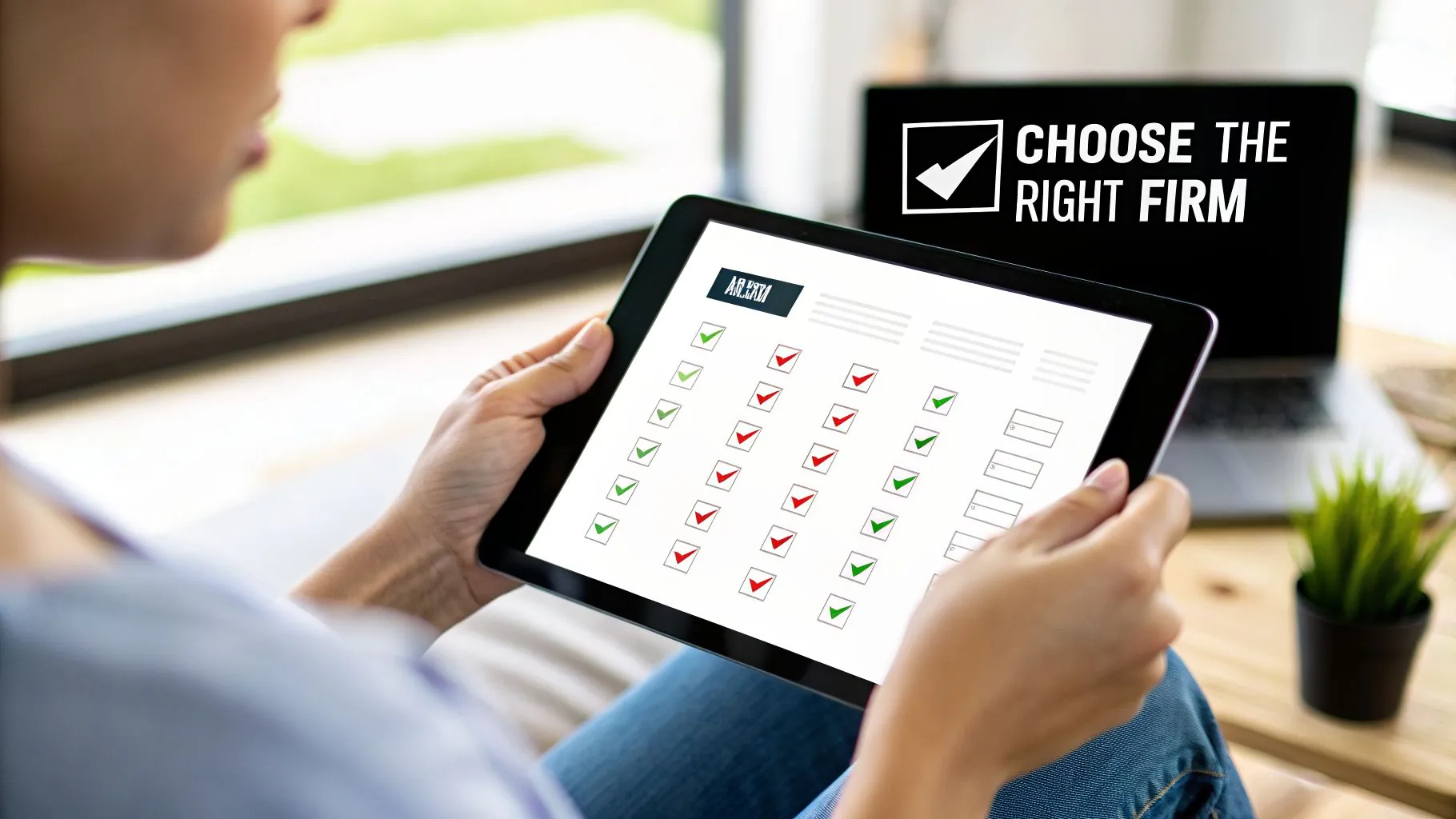 A person holds a tablet displaying a checklist for firm evaluation, with a laptop showing 'CHOOSE THE RIGHT FIRM'.