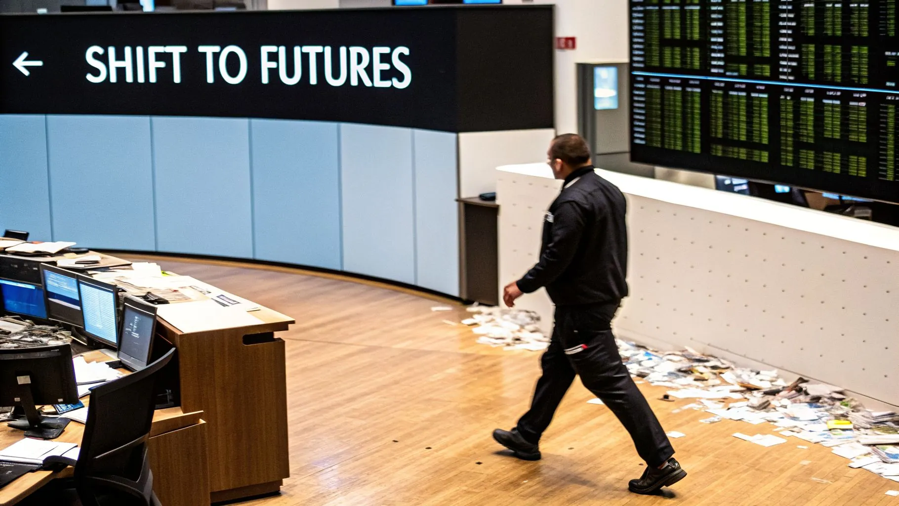 A man walks across a trading floor with a 'SHIFT TO FUTURES' sign and scattered papers.