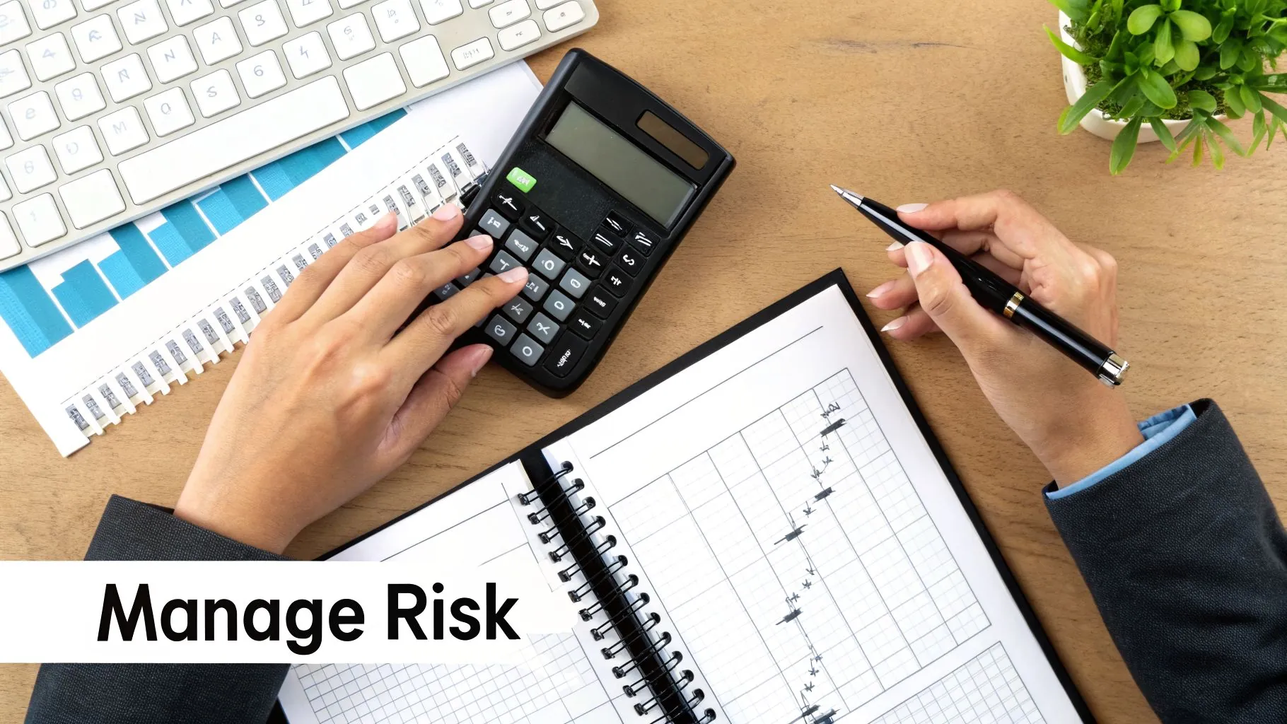 Hands using a calculator and pen on a desk with papers, keyboard, and a 'Manage Risk' banner.