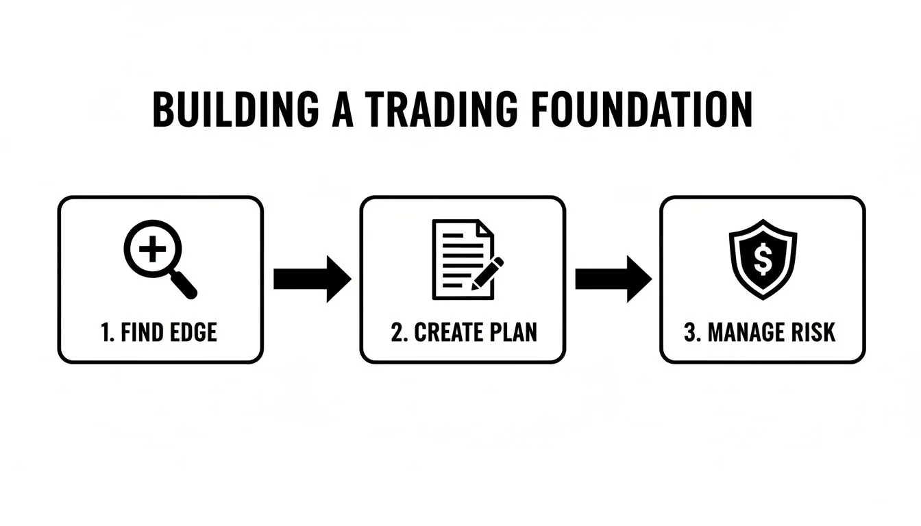 Diagram showing three steps for building a trading foundation: find edge, create plan, manage risk.
