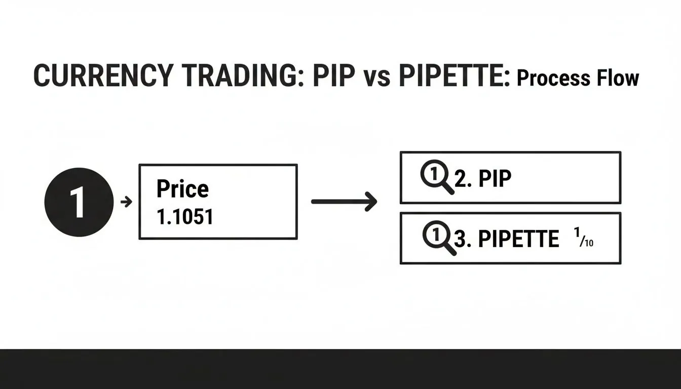 A process flow diagram illustrating currency trading, showing price, PIP, and pipette (1/10) concepts.