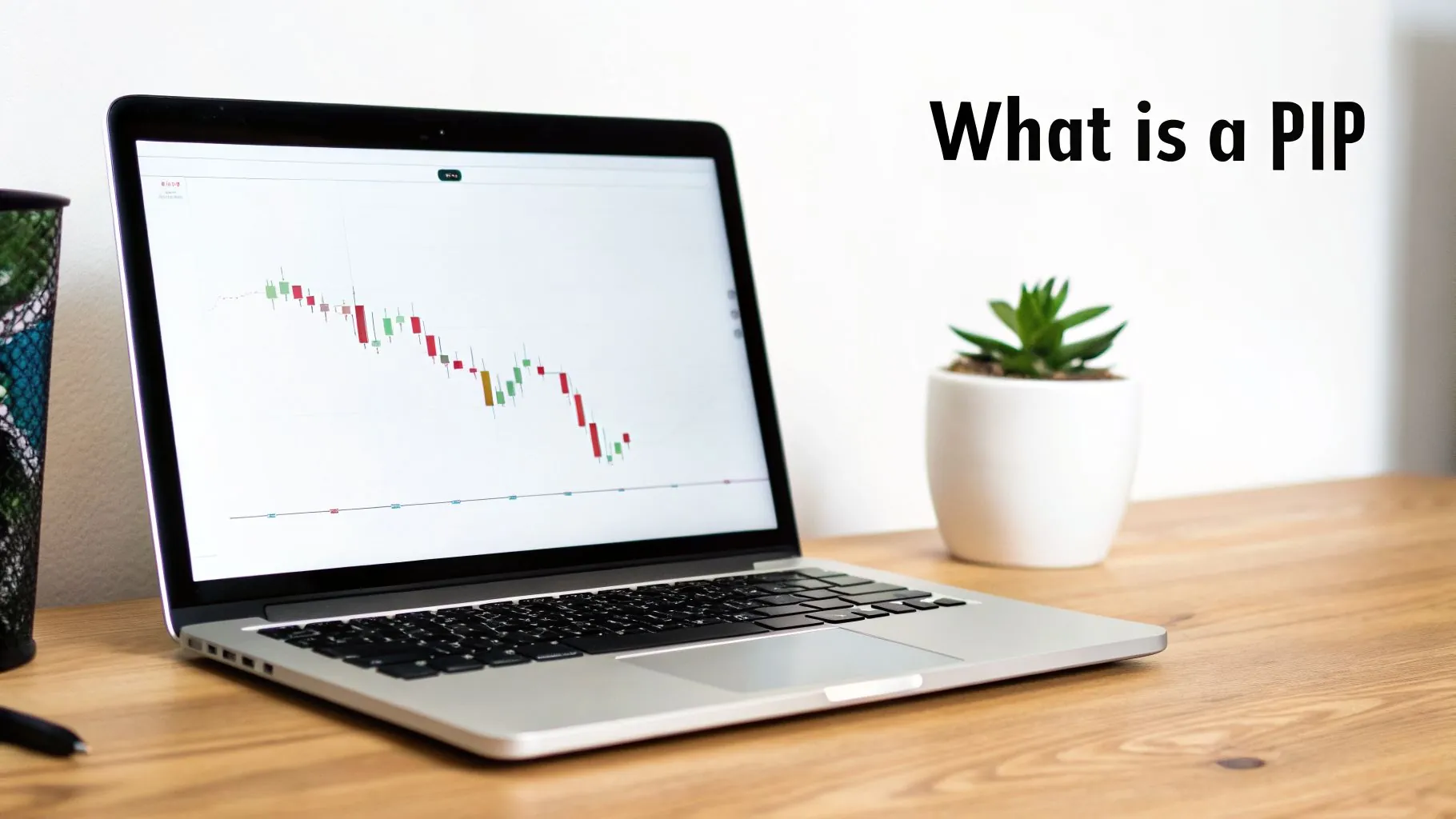 A laptop displaying a forex candlestick chart on a desk, with a potted plant and text 'What is a PIP'.