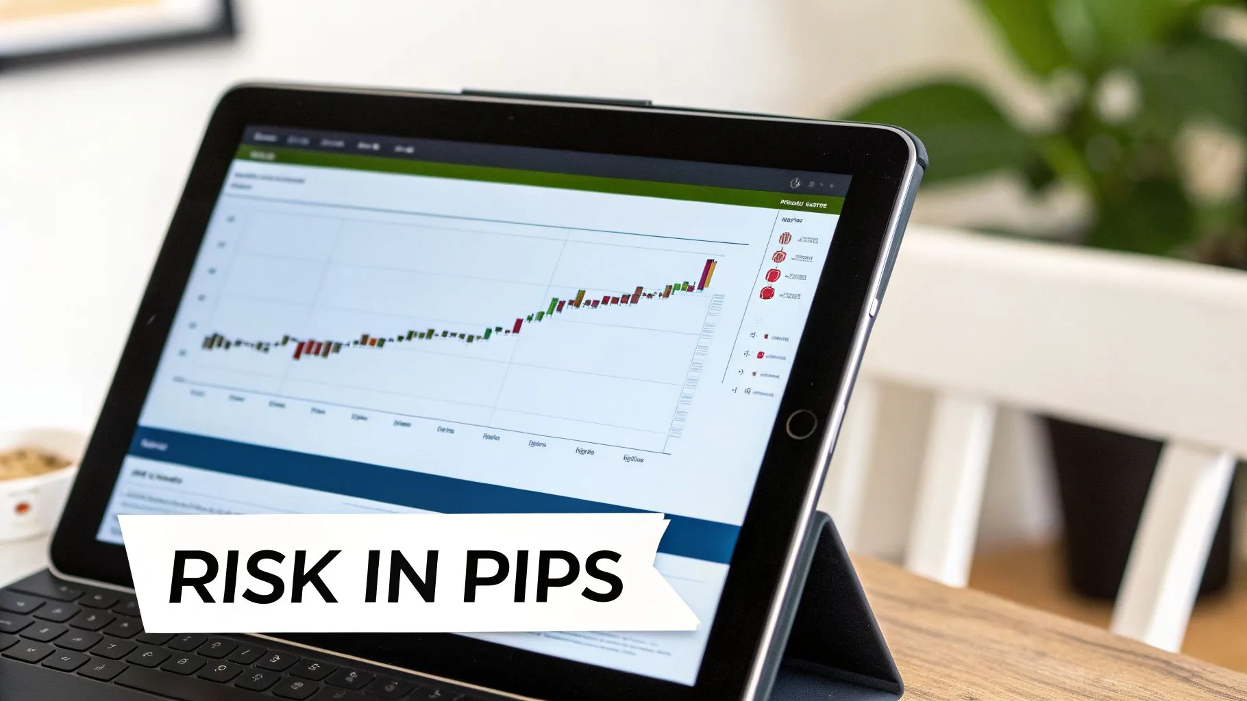 A tablet displays a financial candlestick chart with green and red bars, overlaid with 'RISK IN PIPS' text.