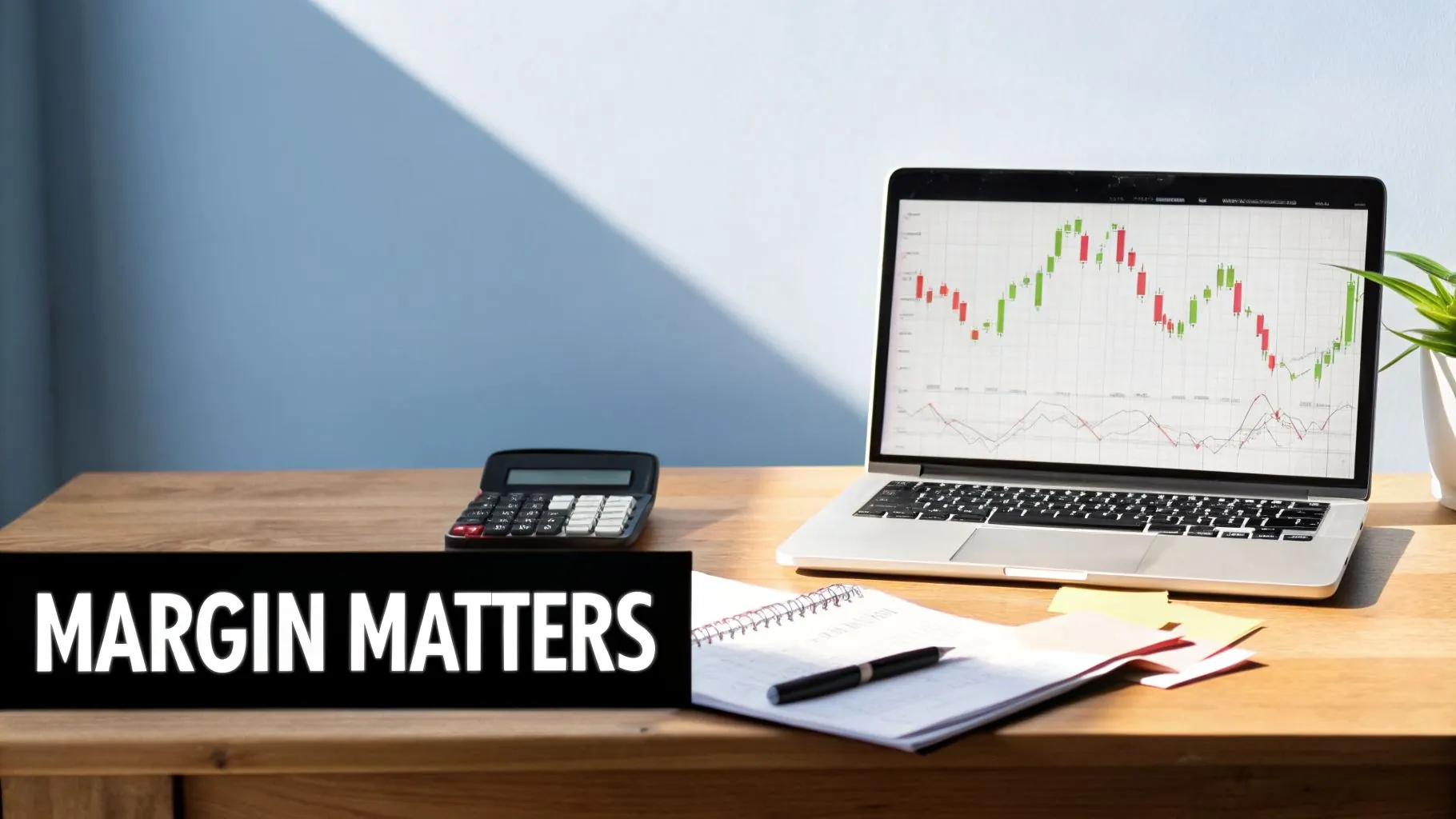 A desk with a laptop displaying financial candlestick charts, a calculator, and a notebook, with text "MARGIN MATTERS".