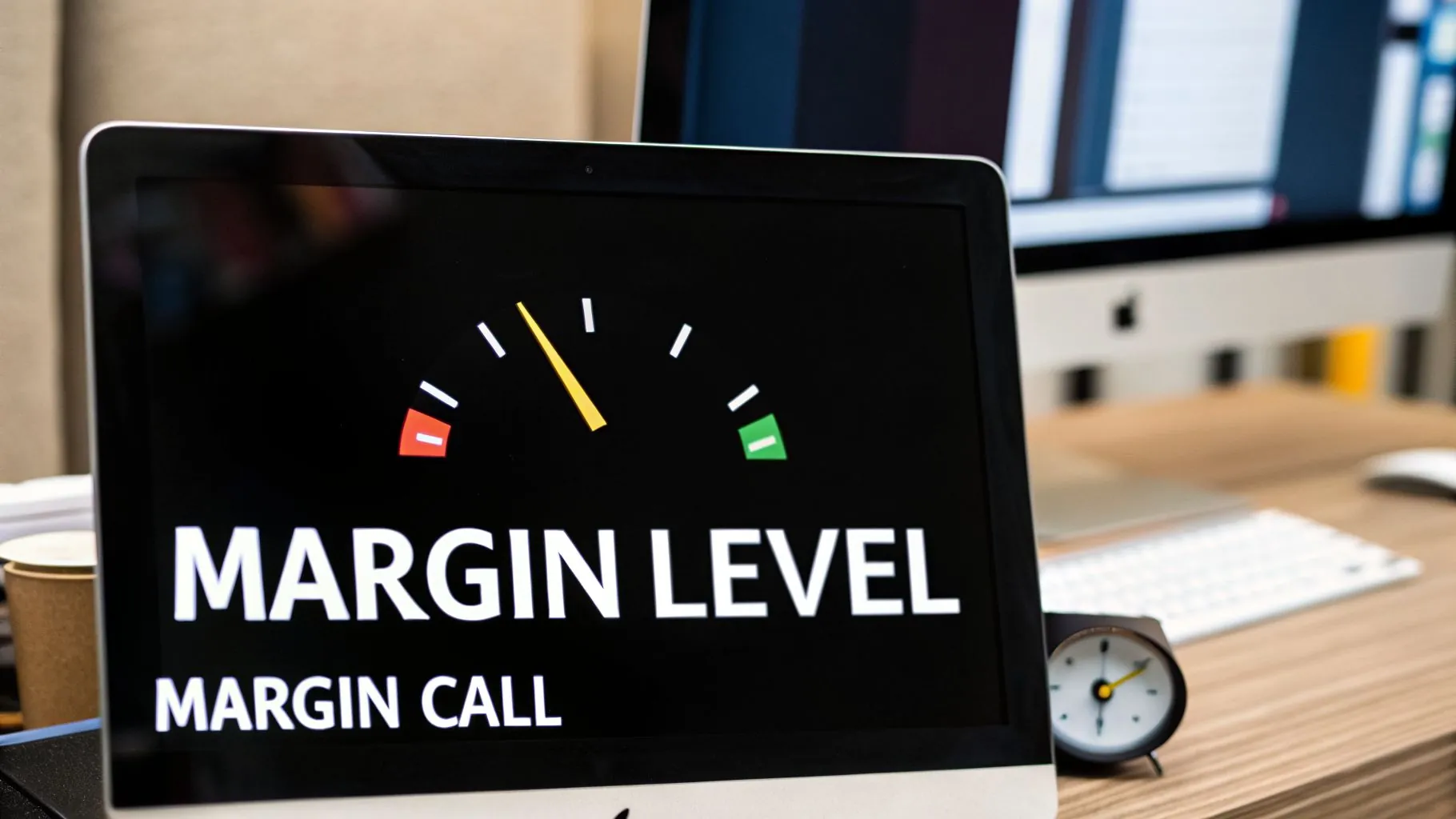 A computer screen displays a 'MARGIN LEVEL' gauge in the red zone, indicating a 'MARGIN CALL' warning.