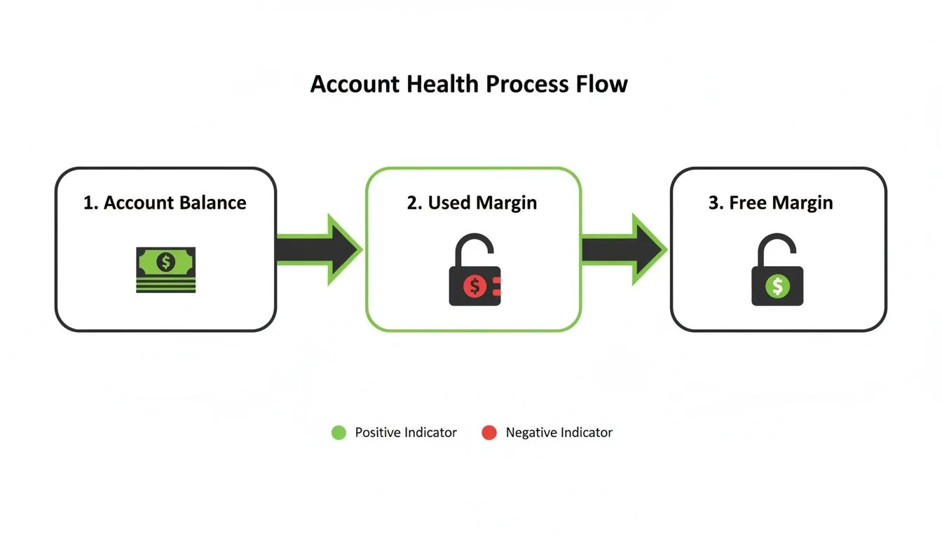 Flowchart showing account health process with steps for account balance, used margin, and free margin.
