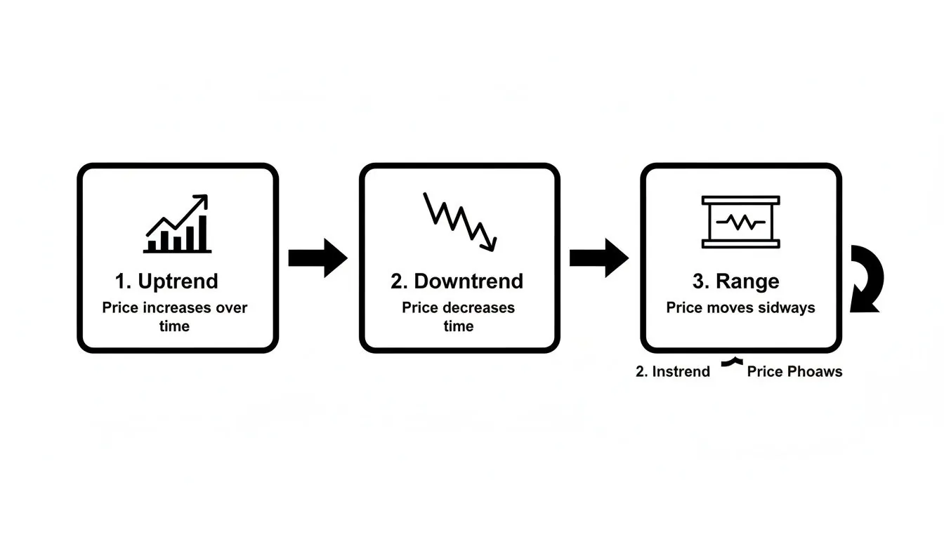 A flowchart illustrating market trends: Uptrend, Downtrend, and Range, with definitions and connecting arrows.