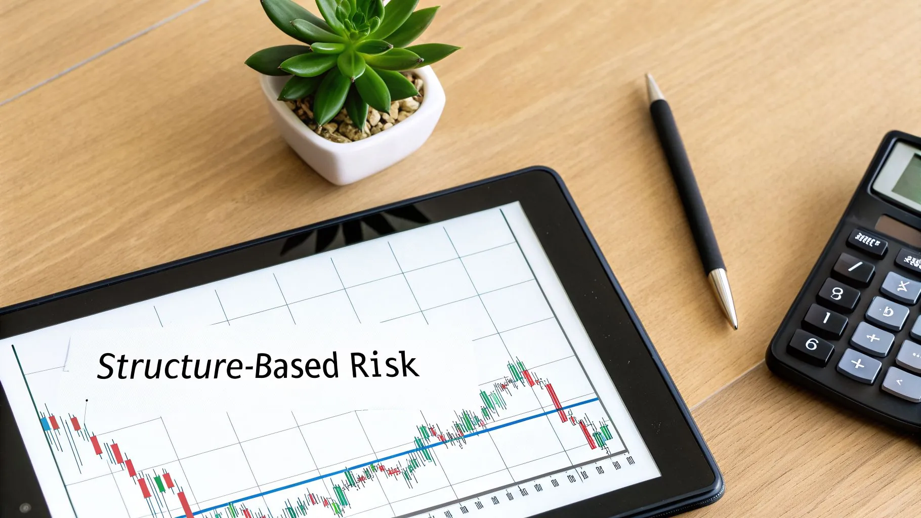 A tablet on a wooden desk displays a financial candlestick chart and the text 'Structure-Based Risk', alongside a pen and calculator.