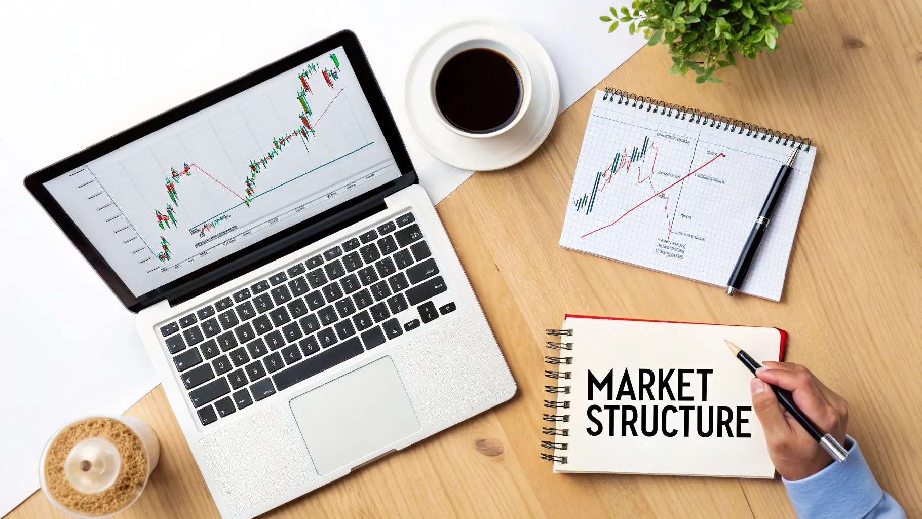 Overhead view of a person analyzing market structure with charts on a laptop and notebook.