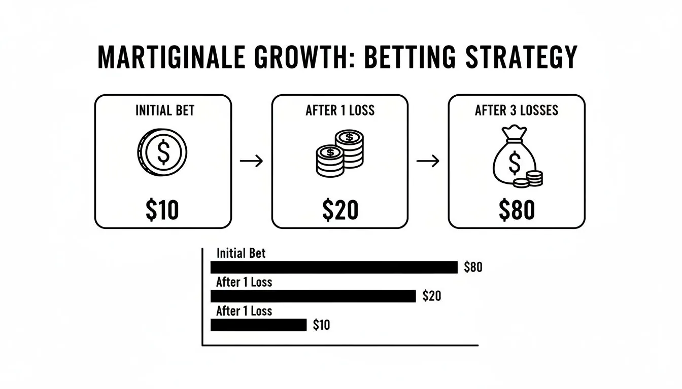 Illustration of Martingale betting strategy showing bet amounts doubling after losses, starting with $10.