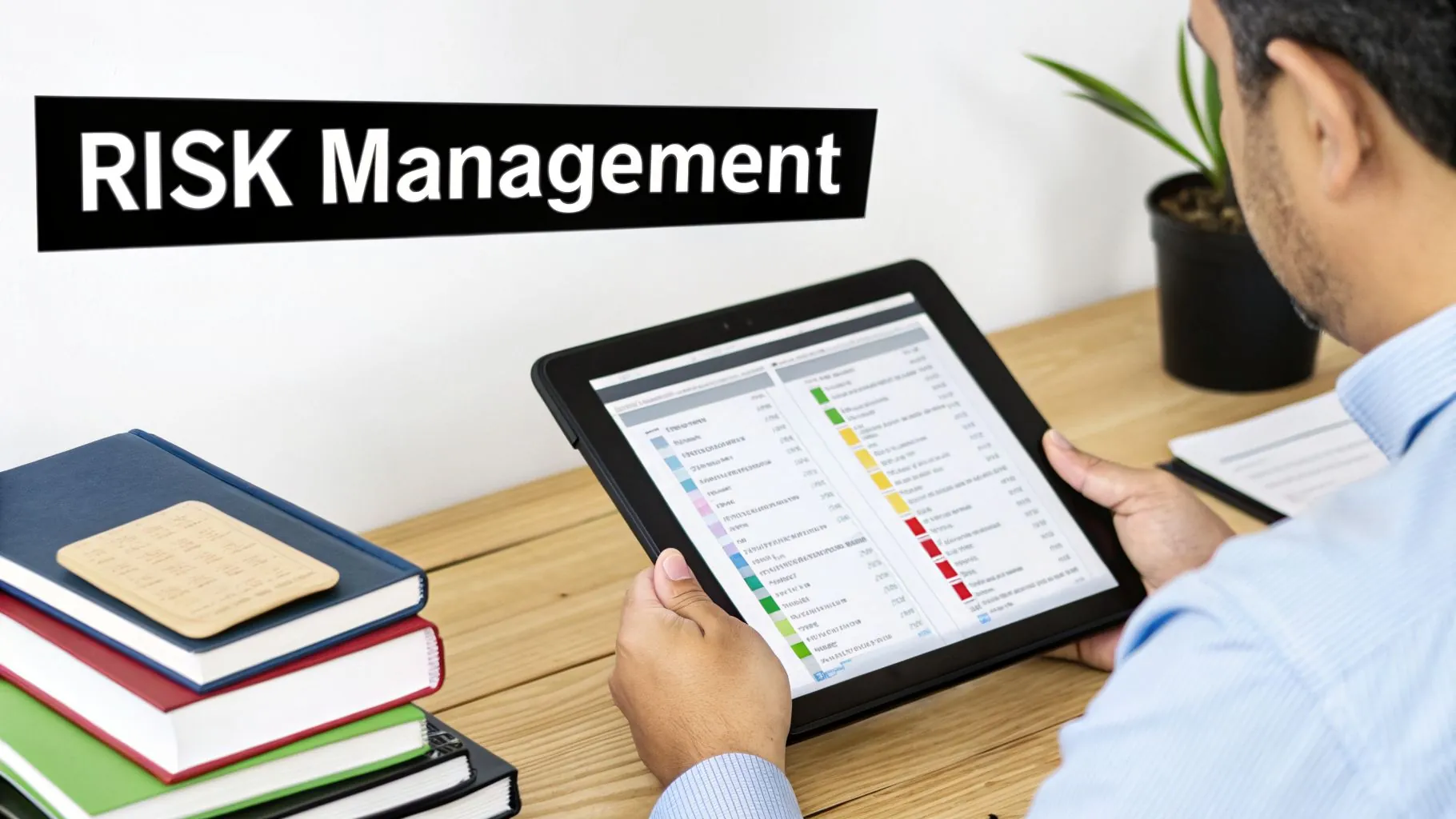 A person reviews a 'RISK Management' report on a tablet, sitting at a desk.