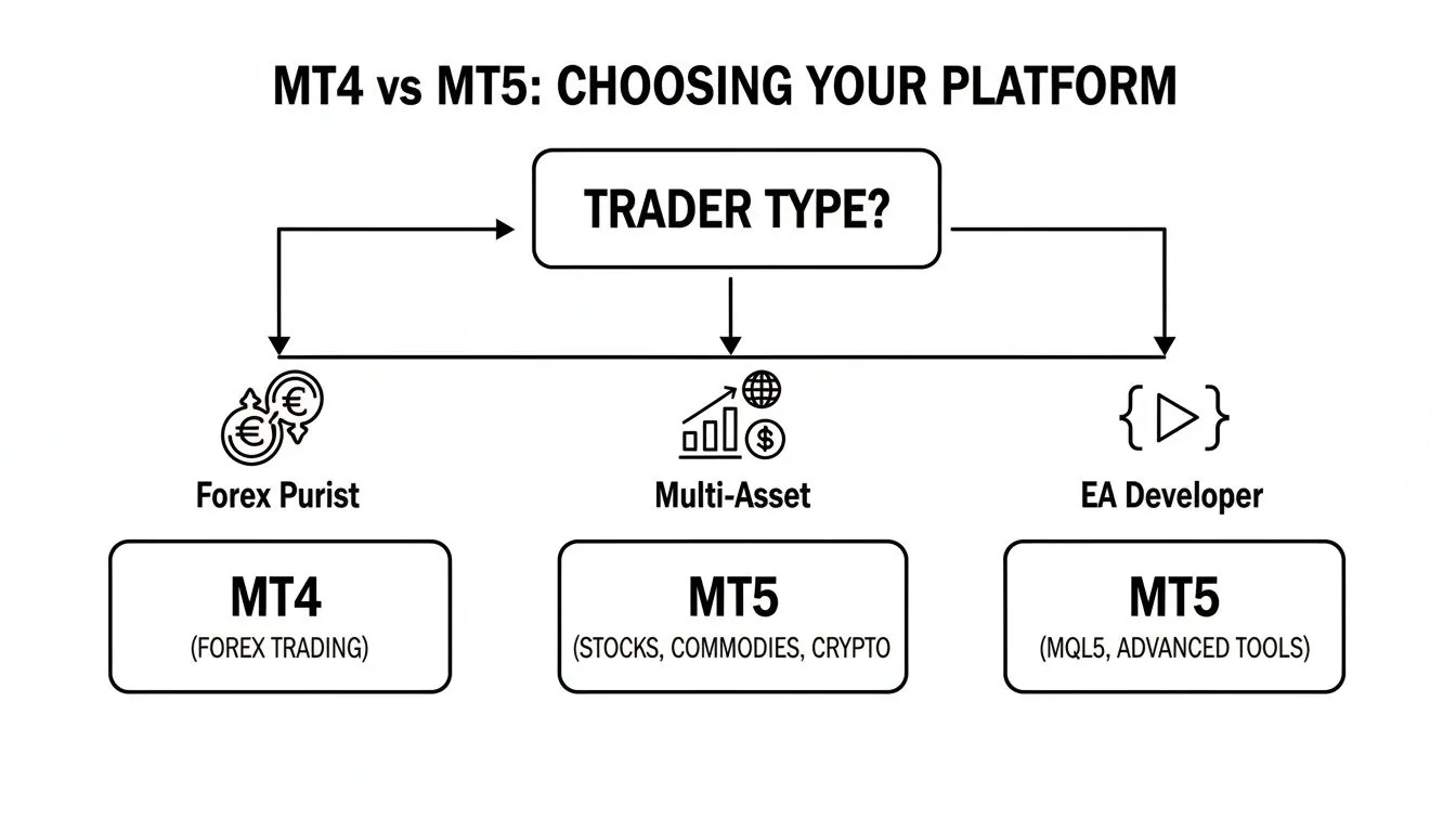 Flowchart illustrating the choice between MetaTrader 4 and MetaTrader 5 based on trader type and specific trading needs.