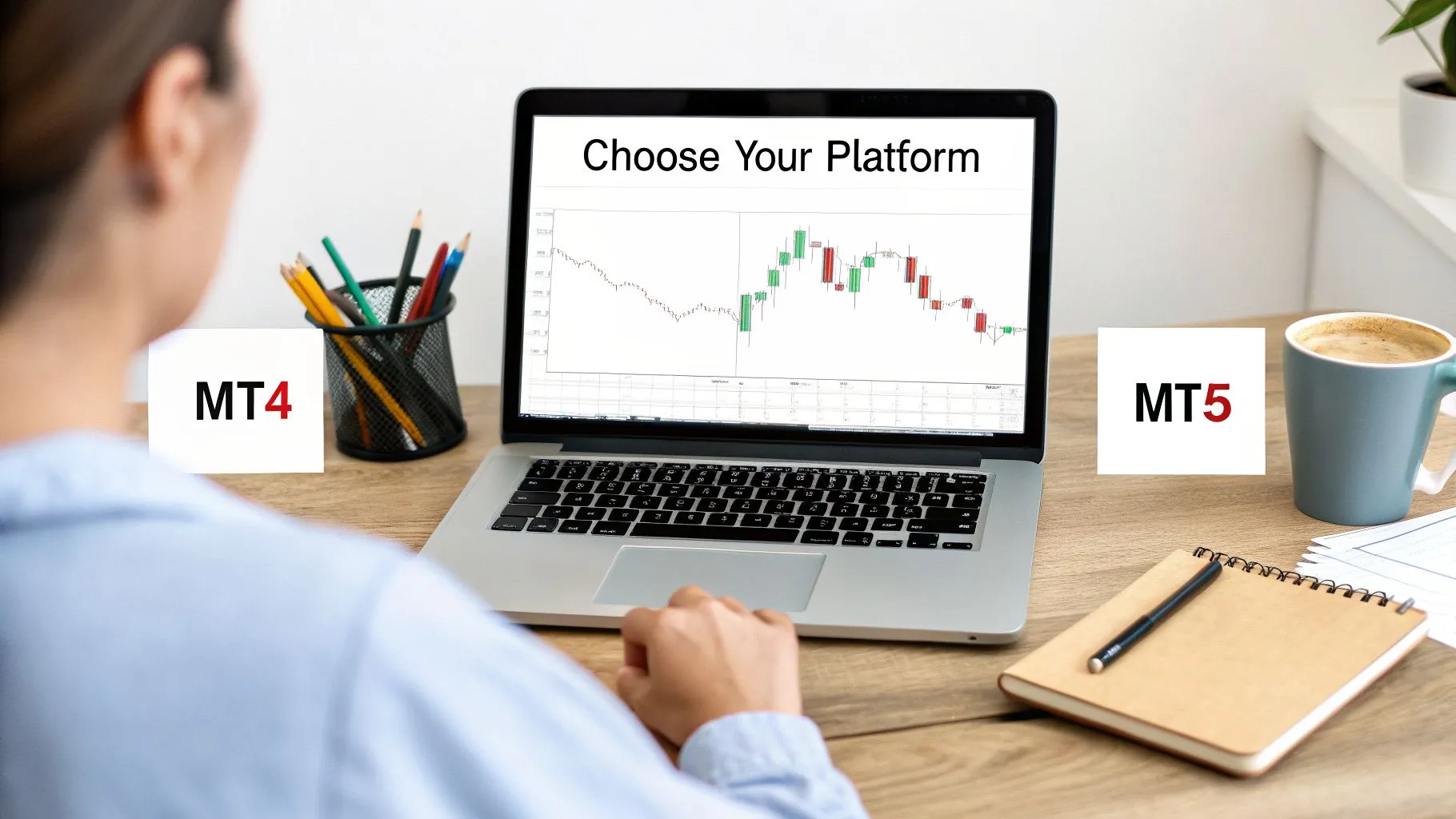 Person choosing between MetaTrader 4 and MetaTrader 5 trading platforms on a laptop.
