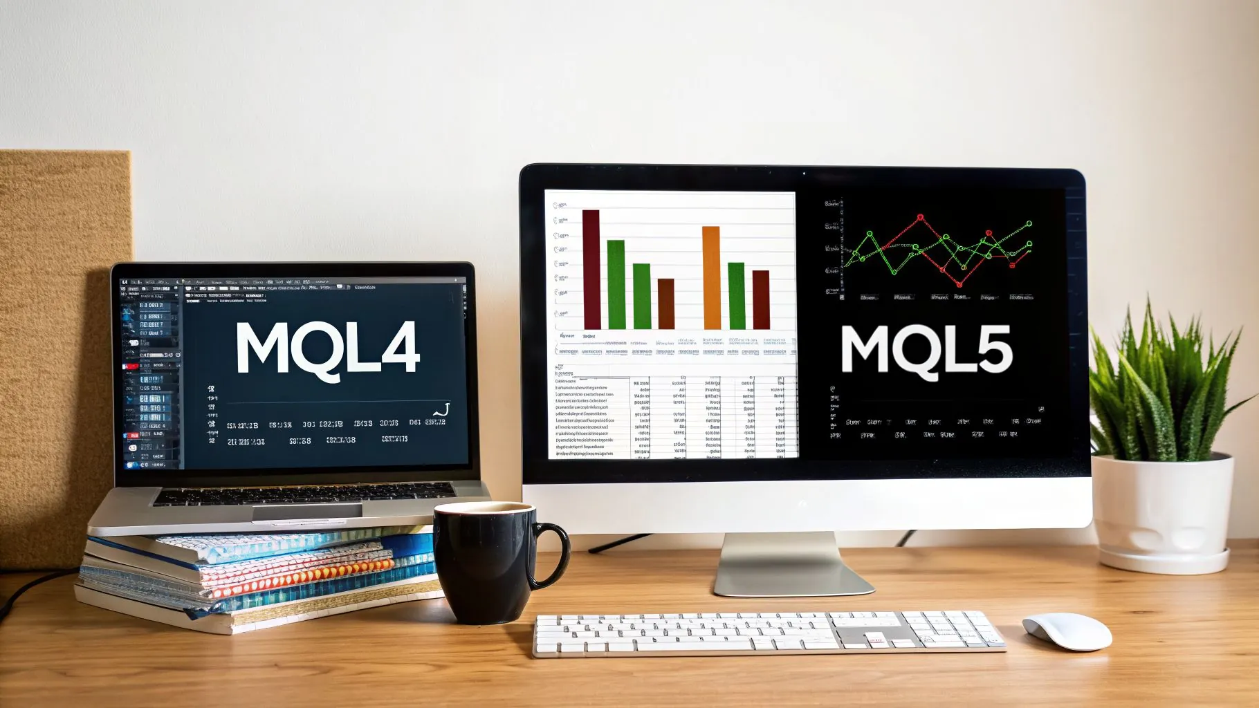 A desk with two monitors displaying MQL4 and MQL5 code and trading charts, alongside books and coffee.