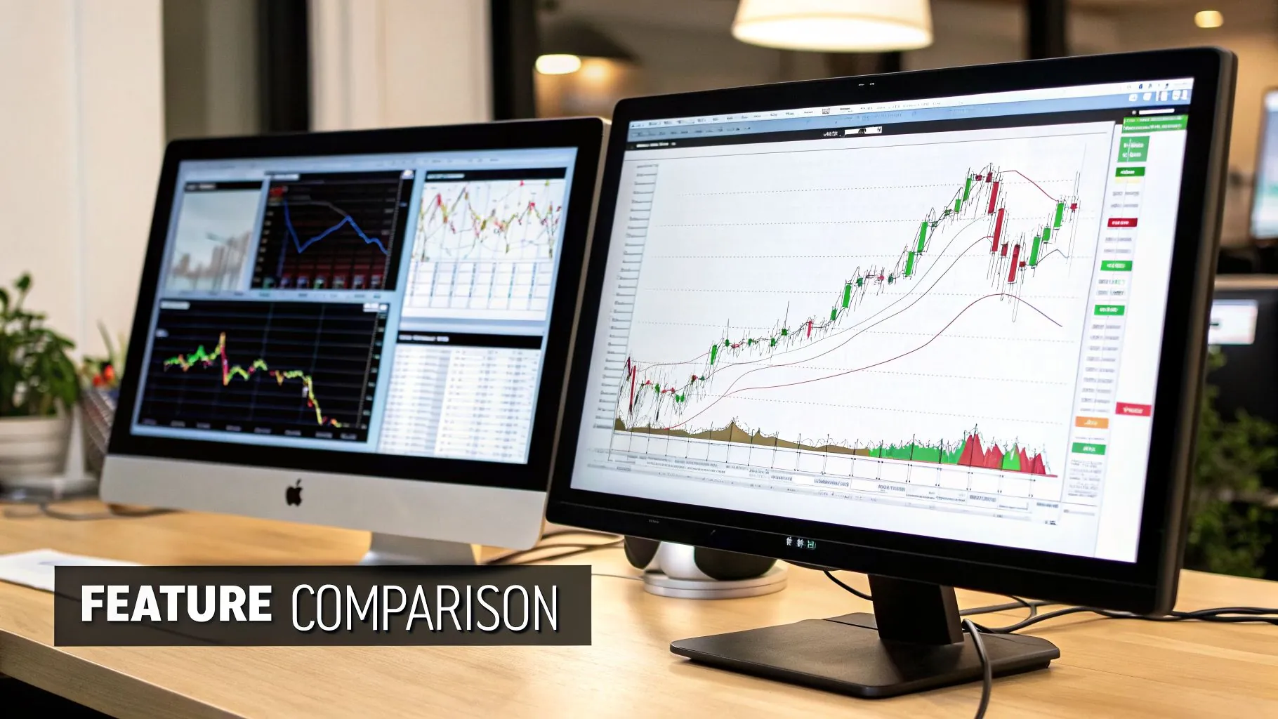 Two computer monitors displaying financial trading charts and data, highlighting a feature comparison.