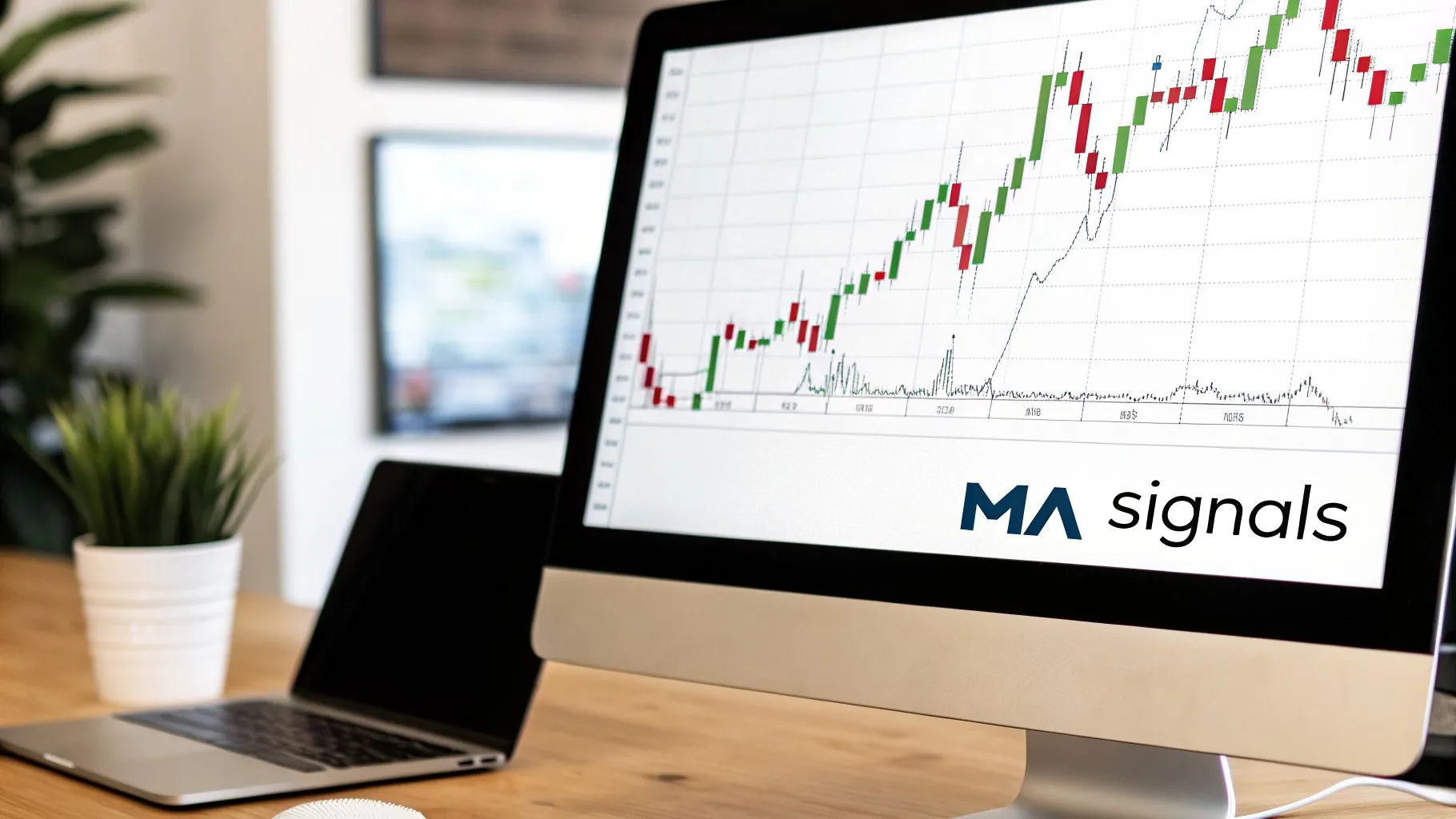 A computer monitor displays financial charts with green and red candlesticks, an 'MA signals' logo, a laptop, and a plant.