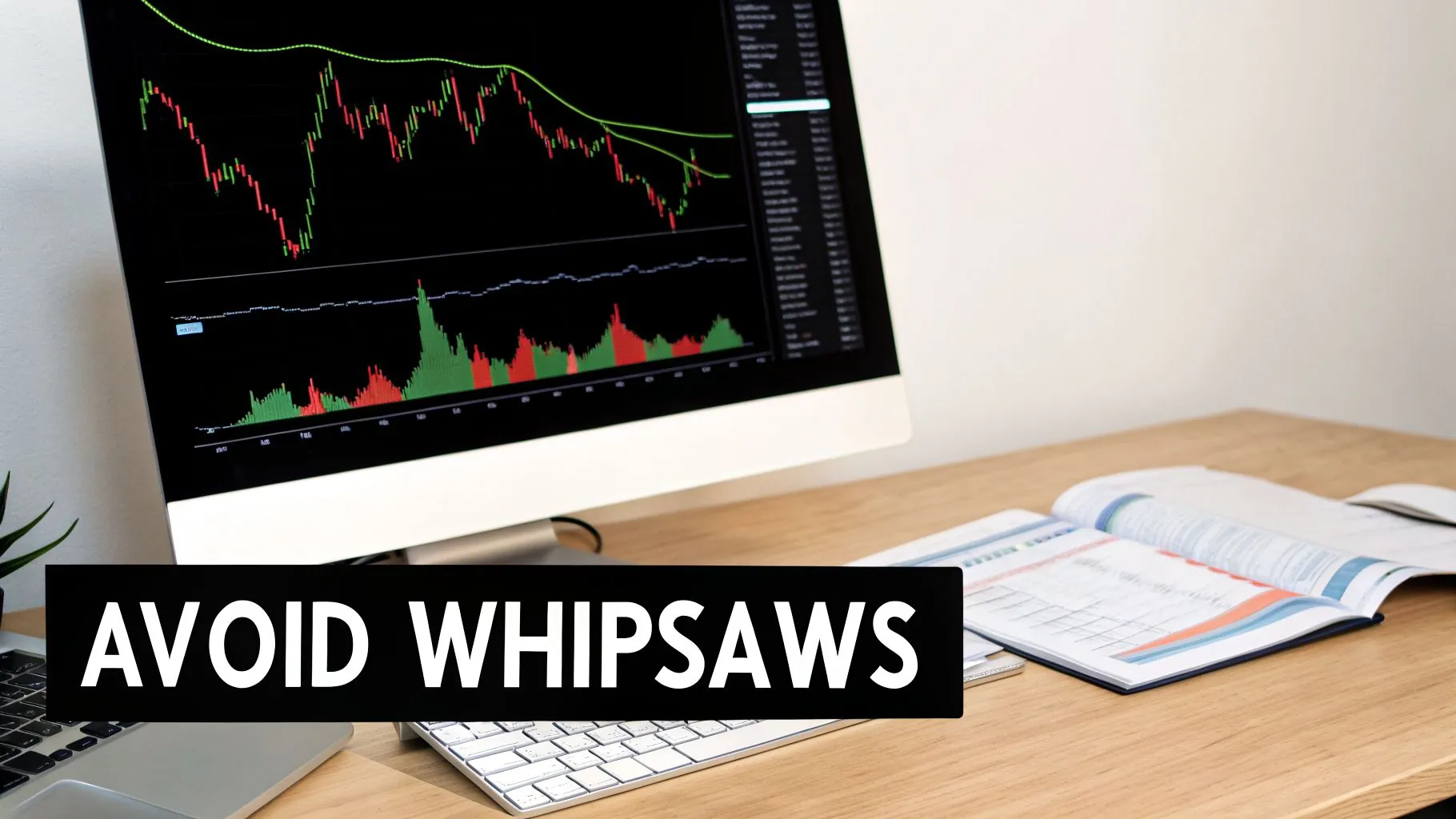 A financial trading desk with a monitor showing stock charts and the text "AVOID WHIPSAWS".