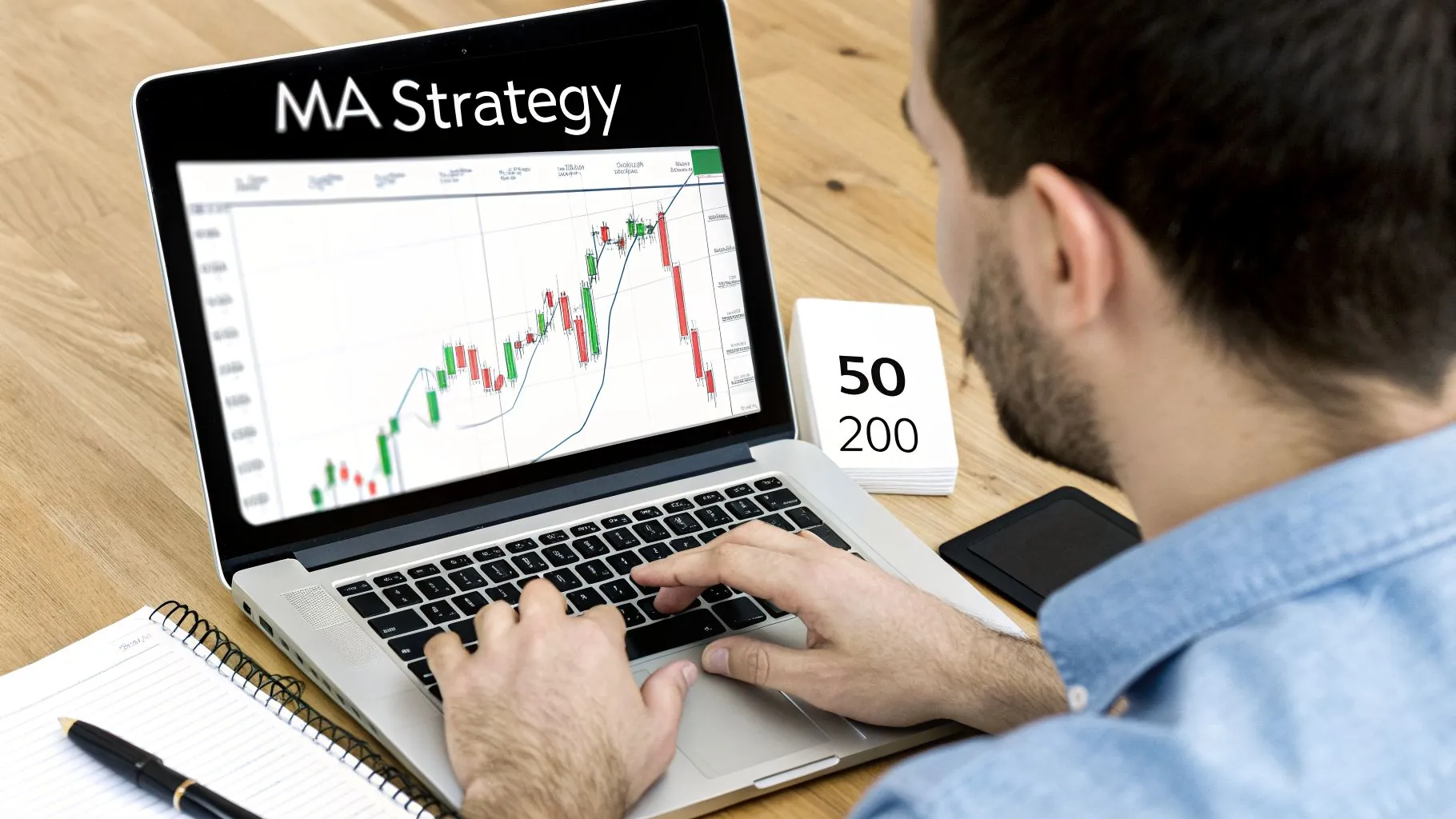 A person looking at a laptop displaying a stock chart for MA strategy with 50 and 200 values.