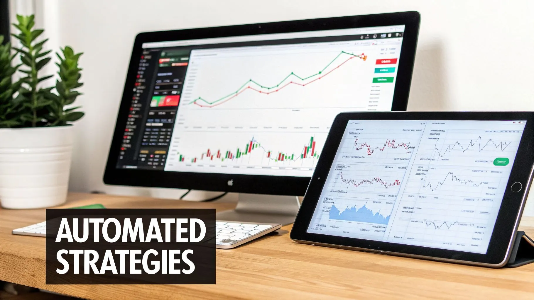 A desk setup featuring a monitor and tablet displaying financial charts for automated trading strategies.